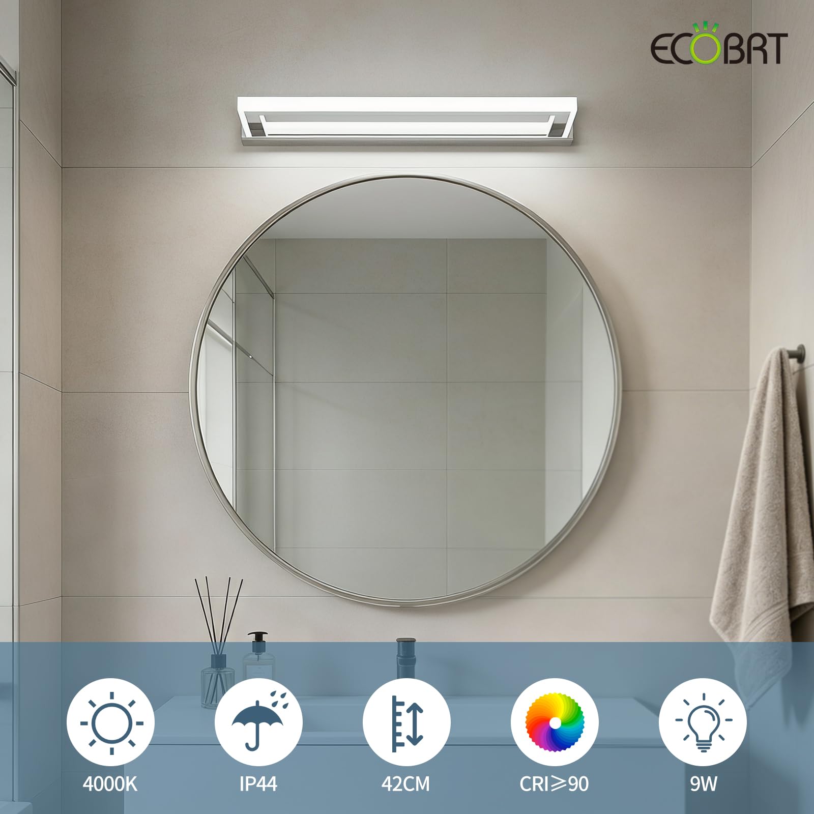 LED Spiegelleuchte Bad 42cm - Moderne Badezimmerlampe mit IP44, Chrom Finish, 9W 4000K für Spiegel und Wand