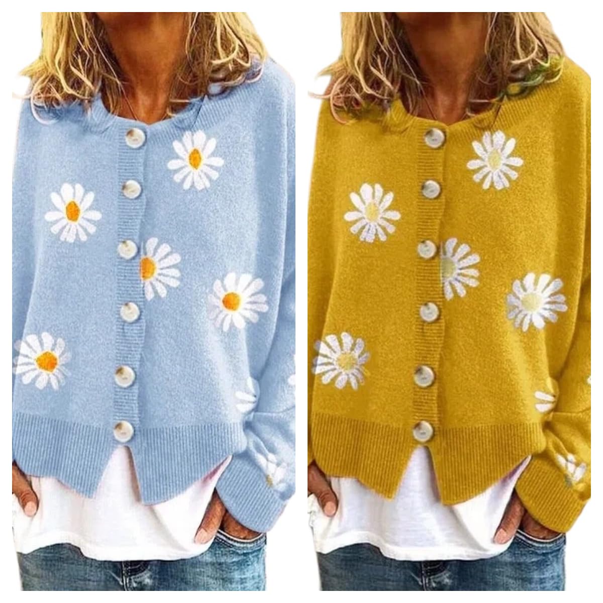 Cárdigans De Mujer Cárdigan Corto De Punto Floral para Mujer, Manga Larga, Cierre De Botones En La Parte Delantera, Cuello Redondo, Ideal para Un Look Casual Y Coqueto con Estampado De Margaritas, PE