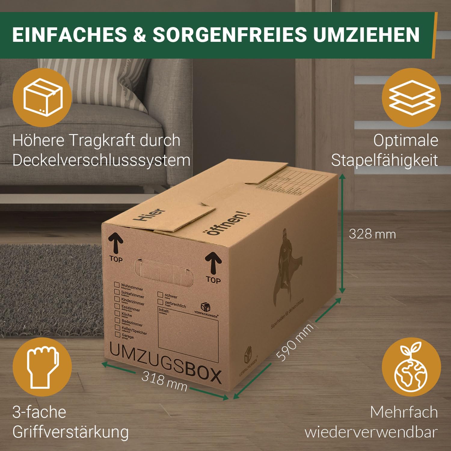 BB-Verpackungen 10 x Umzugskarton aus recycelter Pappe, sehr stabil mit doppeltem Boden (belastbar bis 40 kg) - Sets zwischen 5 und 150 Stück
