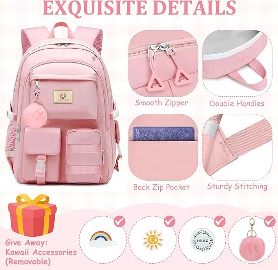 Girls Backpack for School - Cute Girls Bookbag With Multiple Pockets Large Capacity School Backpack for Girls, Pink-backpack Set, M