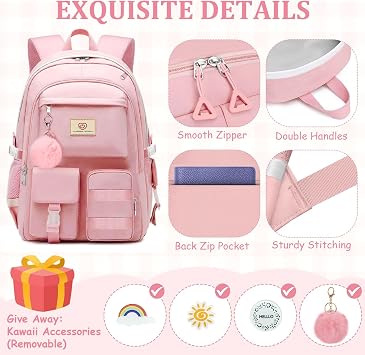 Girls Backpack for School - Cute Girls Bookbag With Multiple Pockets Large Capacity School Backpack for Girls, Pink-backpack Set, M