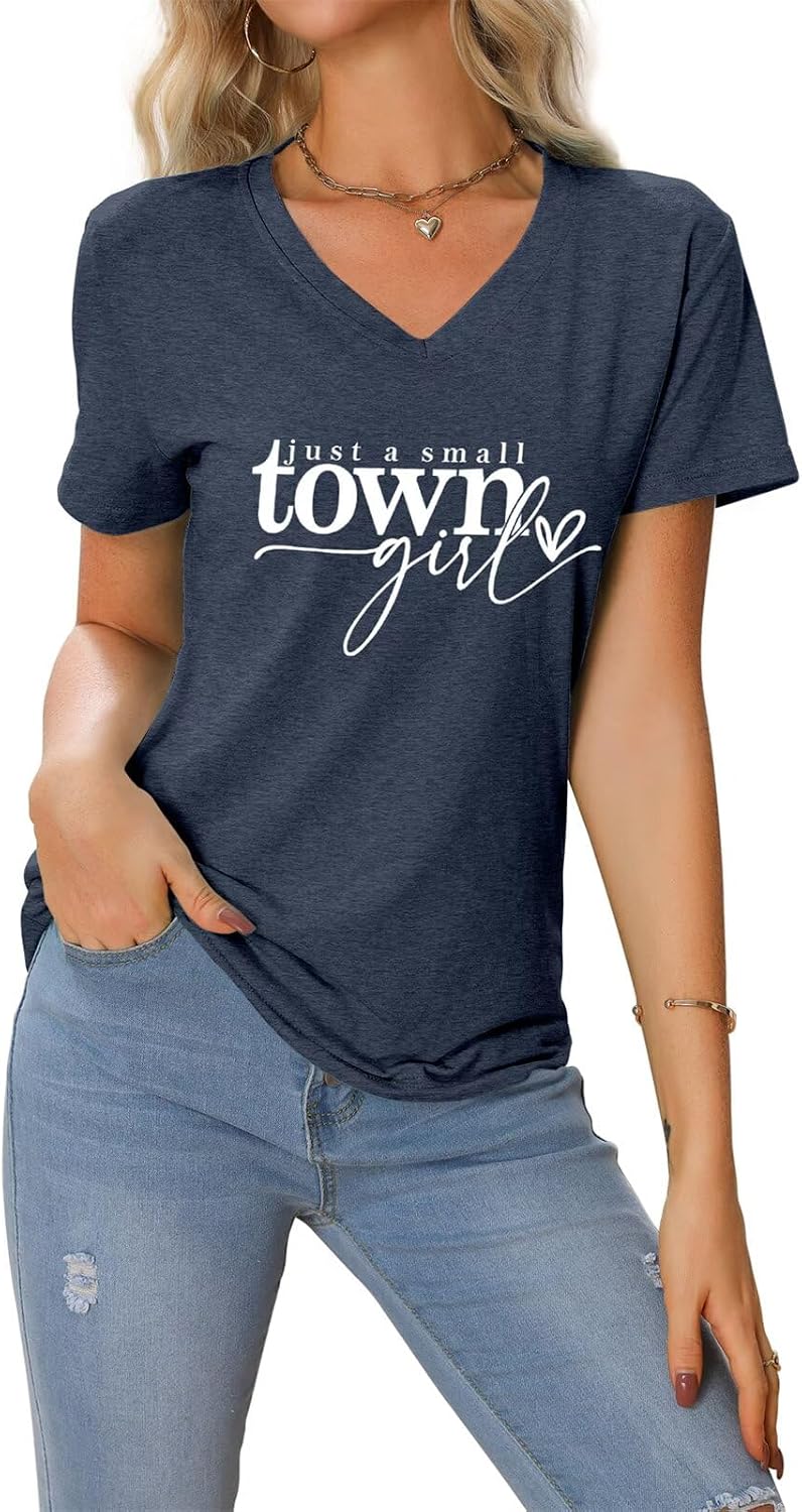 Country Music Shirts Women Just A Small Town Girl Tshirts Vintage Graphic Tee Tops Casual Short Sleeve V Neck Shirt