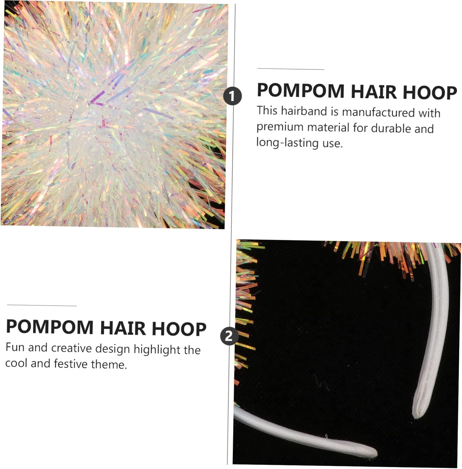 Beaupretty Pom Pom Headband Head Bopper Tinsel Pompom Ball Headband Foil Strips Pompom Headband Fashion Headband Cosplay Hair Accessories for Girls Women Christmas Party Birthday(White) - Image 4