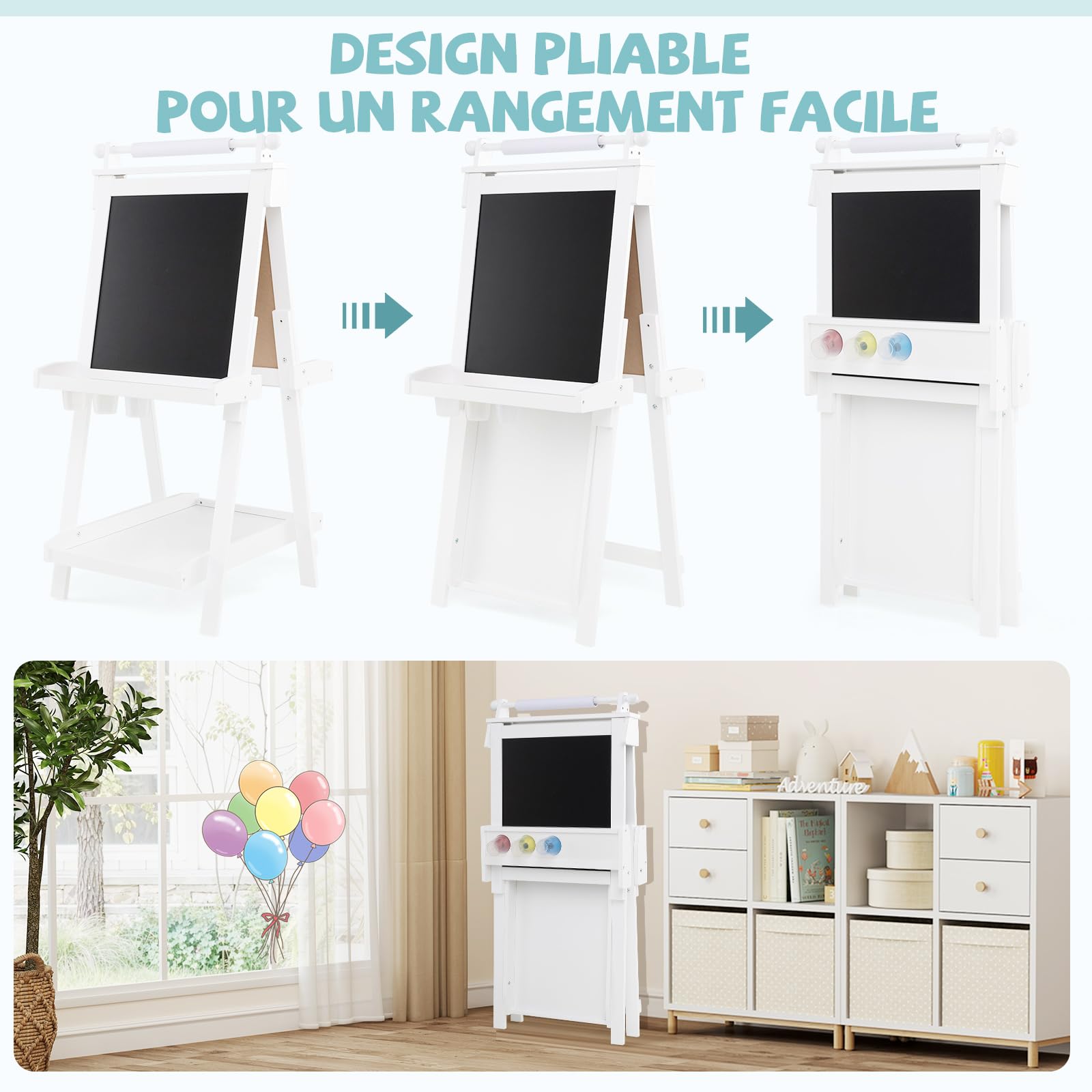 COSTWAY Tableau Enfant Double Face avec Hauteur Réglable & Rouleau de Papier Remplaçable, Chevalet Magnétique Pliable avec Tableau Noir & Blanc, 3 Pots & 3 Plateaux pour Enfant de 3 Ans+ (Blanc)