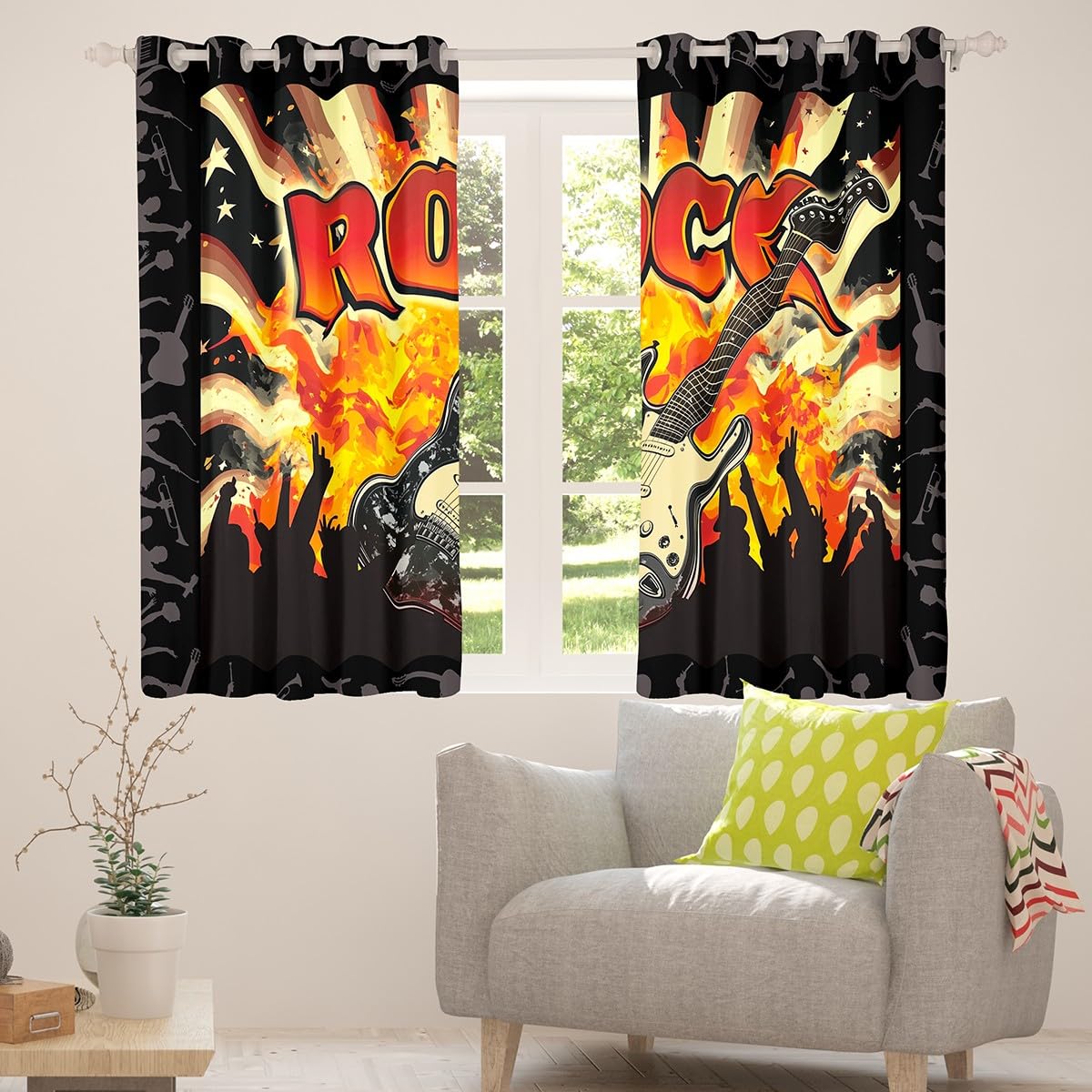 Tende per finestre con chitarra elettrica, stile hippie, per ragazzi e ragazze, con musica rock, decorazione per la casa, tende per finestre a fiamma, per soggiorno e camera da letto, 167 x 228 cm