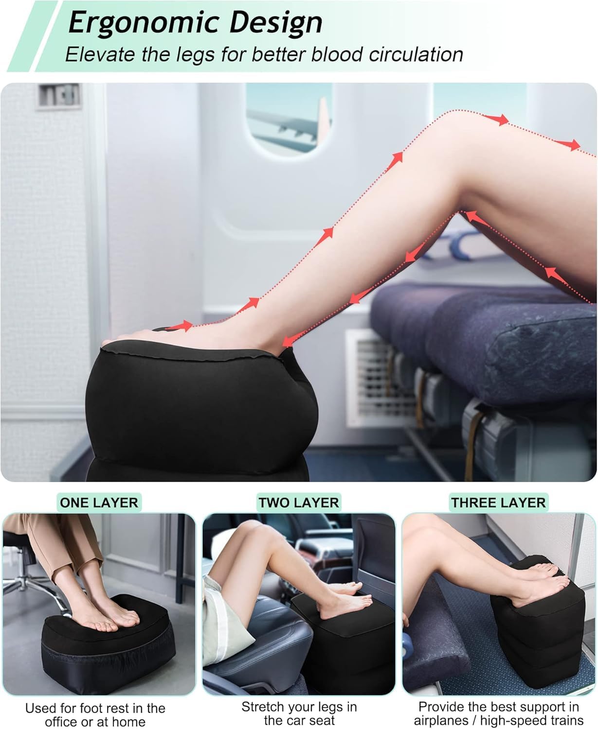 JefDiee Inflatable Travel Foot Rest Pillow, Kids Airplane Bed, Adjustable 3 Layers Height Leg Rest Pillow, Adults Travel Essentials Great for Airplane, Office, Home, Trains, Cars (Black) - Image 2