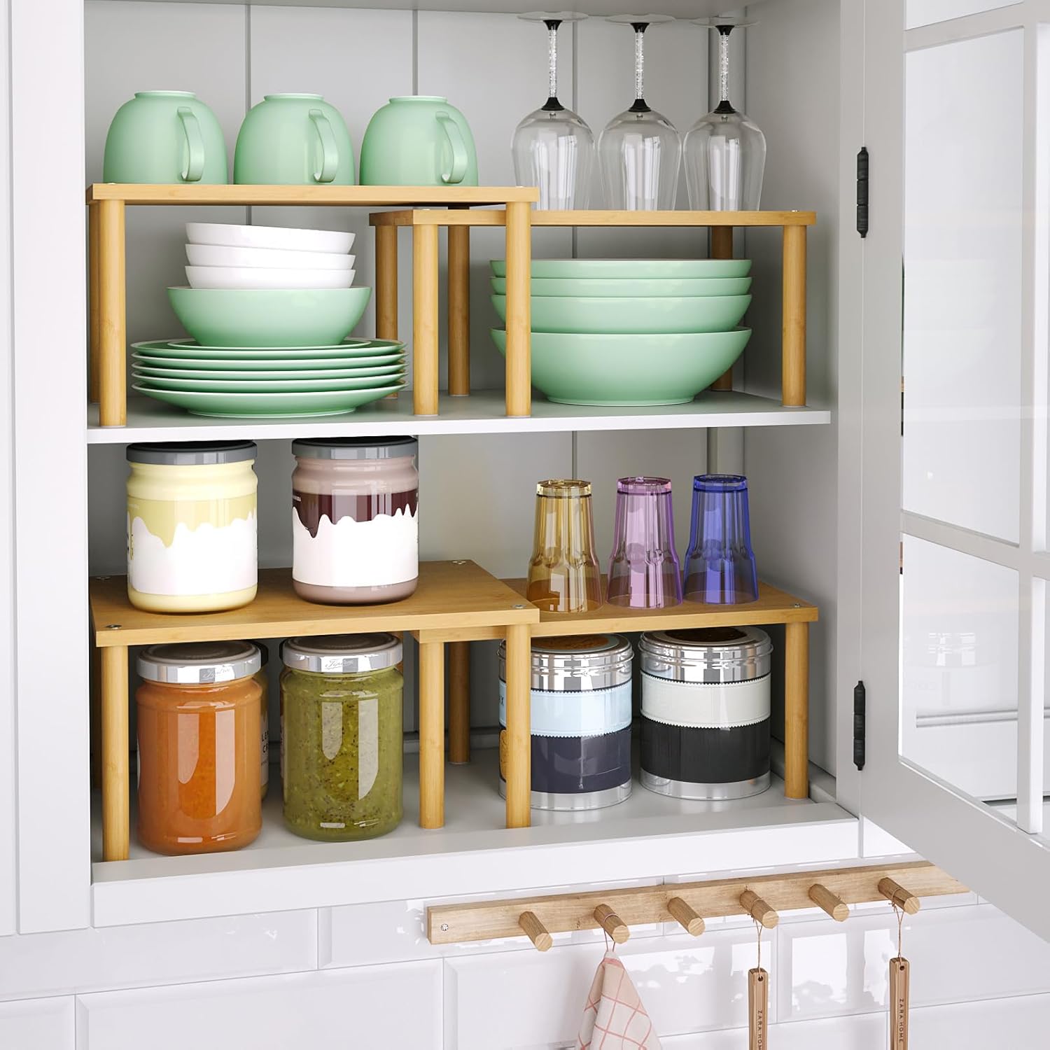 Cabinet Organizer Shelf(Set of 2),Kitchen Counter Shelves,Bamboo Stackable Expandable Spice Rack Countertop(Medium) - Image 2