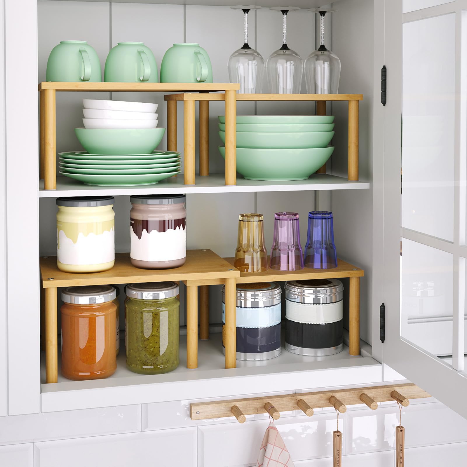 VERTORGAN Cabinet Organizer Shelf(Set of 2),Kitchen Counter Shelves,Bamboo Stackable Expandable Spice Rack Countertop(Medium)