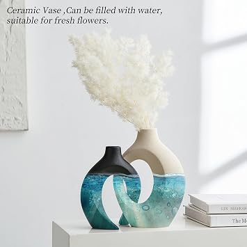 AWNR Ceramic Vase Wedding Decor: Set of 2 Black & White Flower Vases for Modern Home Decor