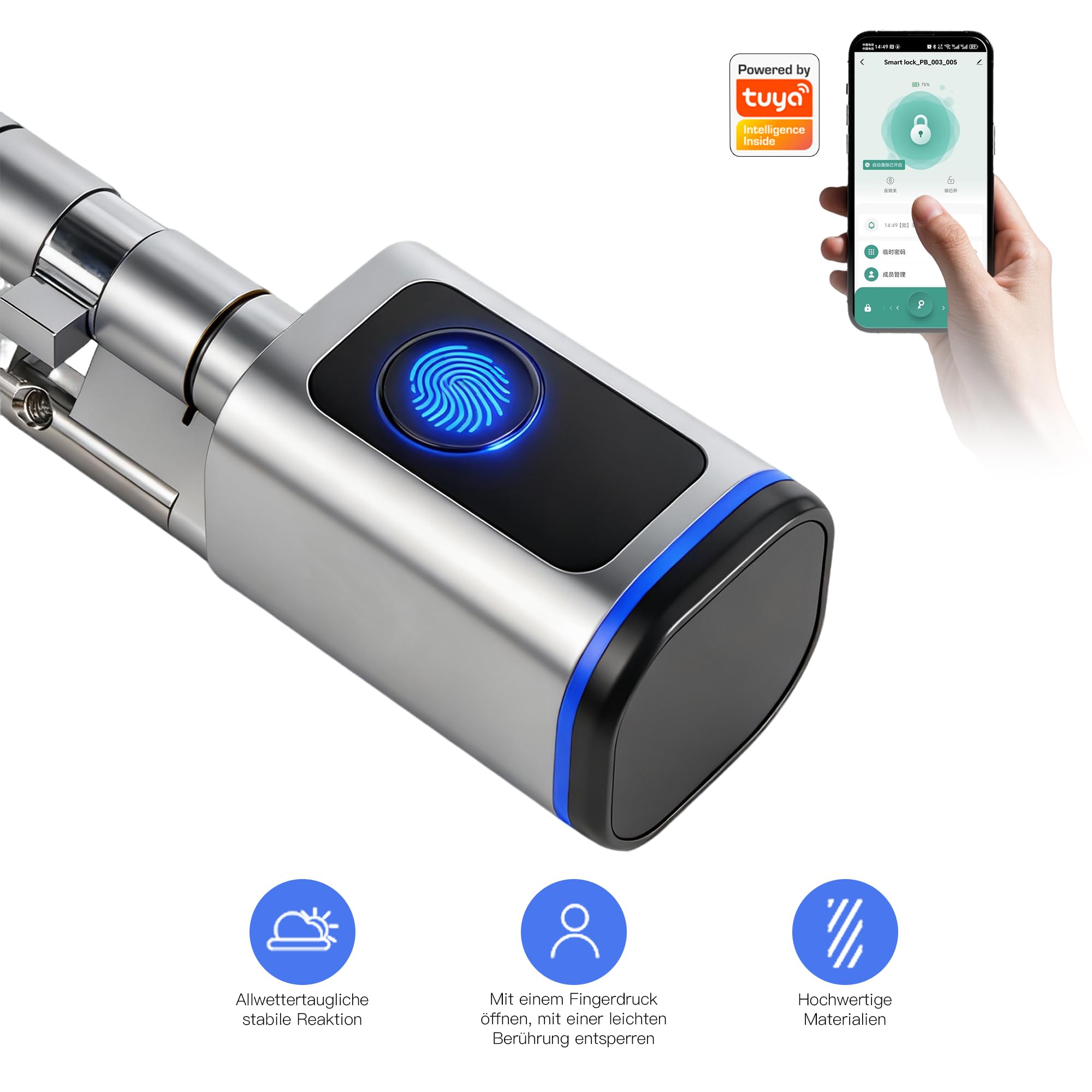 Türschloss Fingerabdruck, Smart Türschloss mit Fingerabdruck, Fingerabdruck-IC-Karte, Schlüssel, App, Haushalt, intelligente elektronische Schlösser, für 35-60mm Tür, Einfache Installation