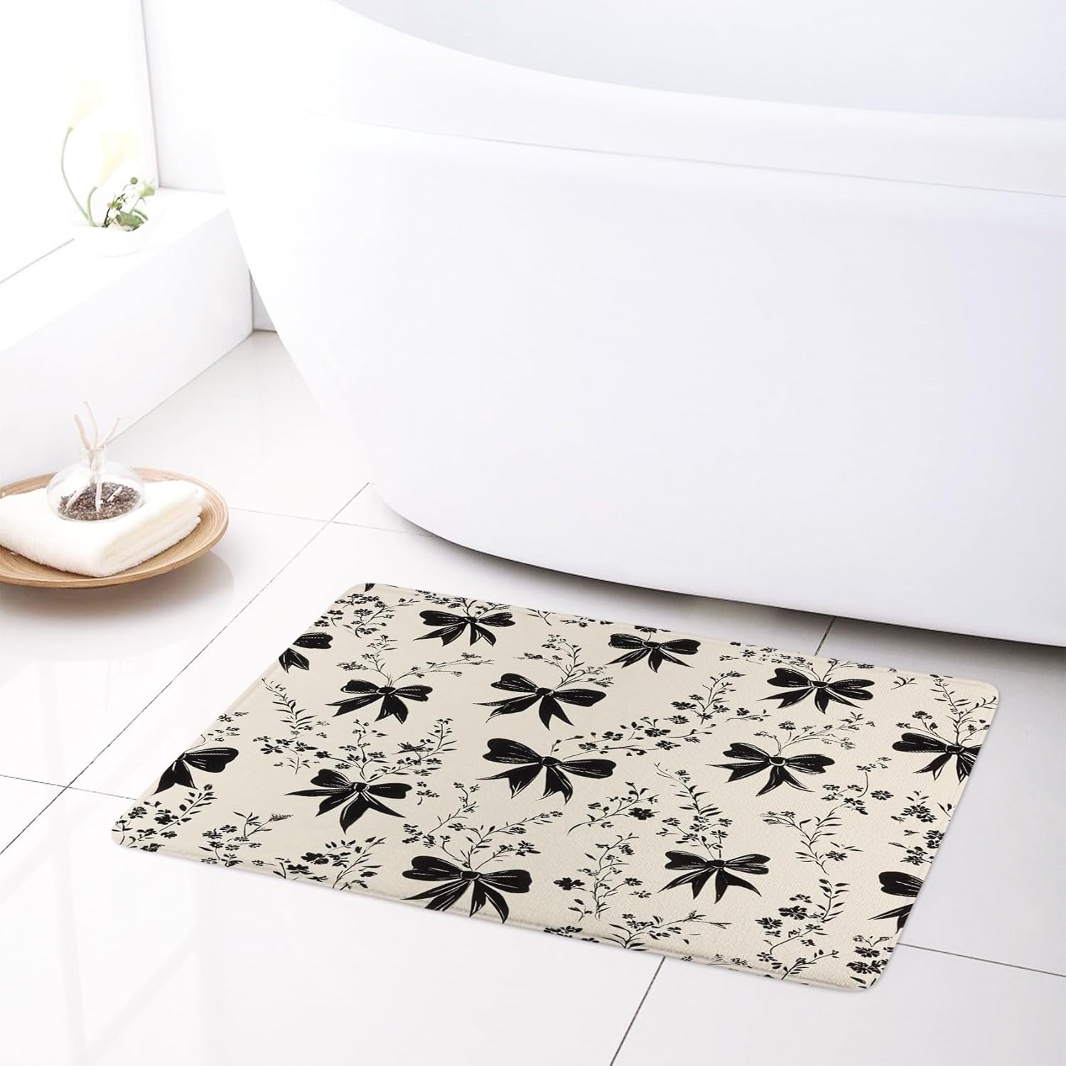 Black Bow Shower Curtain Set Boho Bows and Wildflower Botanical Shower Curtains with 12 Hooks and Memory Foam Bathroom Rugs Retro Beige Washable Bath Curtains Shower Set