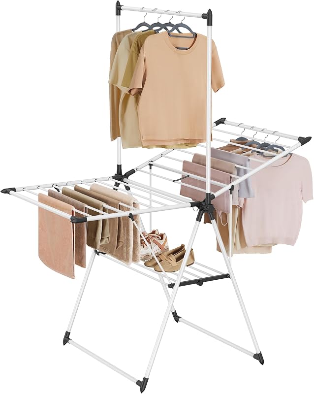 Tendedero para Ropa, Tendedero Plegable de 2 Niveles, Tendedero Independiente, 1 Barra para Colgar Alta Adicional, 2 Alas de Altura Ajustable, 24 Rieles de Secado, Simply White ULLR521W01