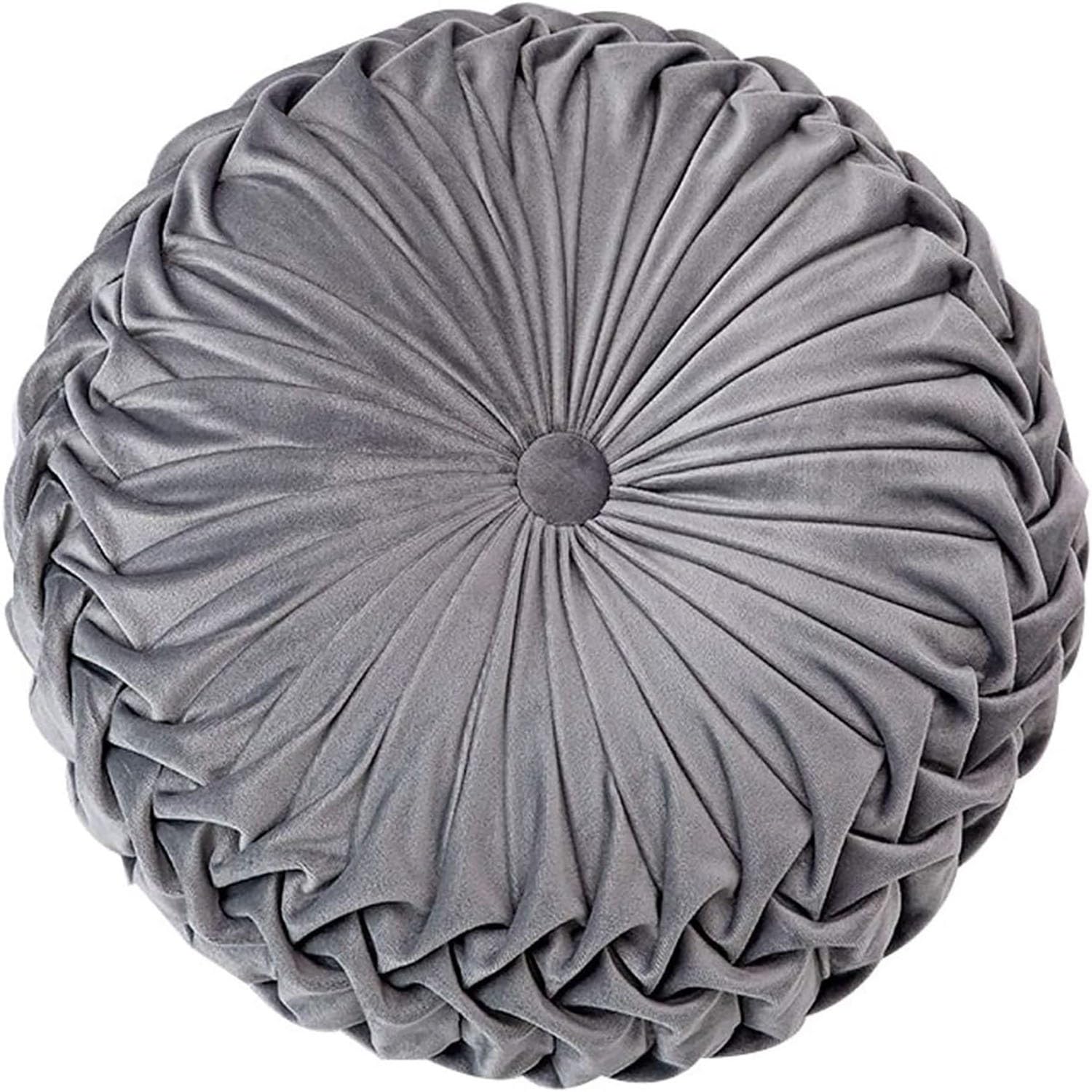 Odaima Grey Round Pillows Velvet Pleated Circle Pillow Chair Cushion Floor Pillows Home Decorations, For Living Room Couch Chair Bed Car(Grey)