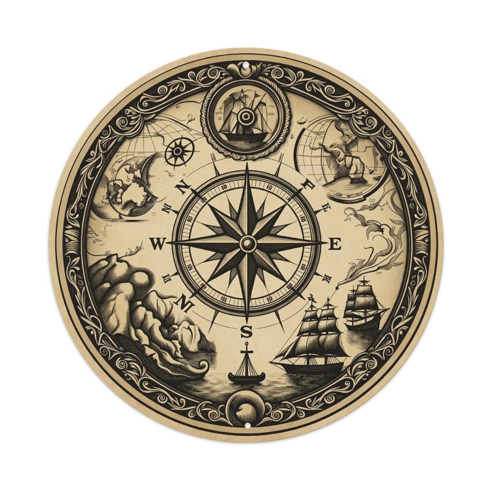 Vintage Nautical Compass World Map Anchorage Guide Metal Tin Sign