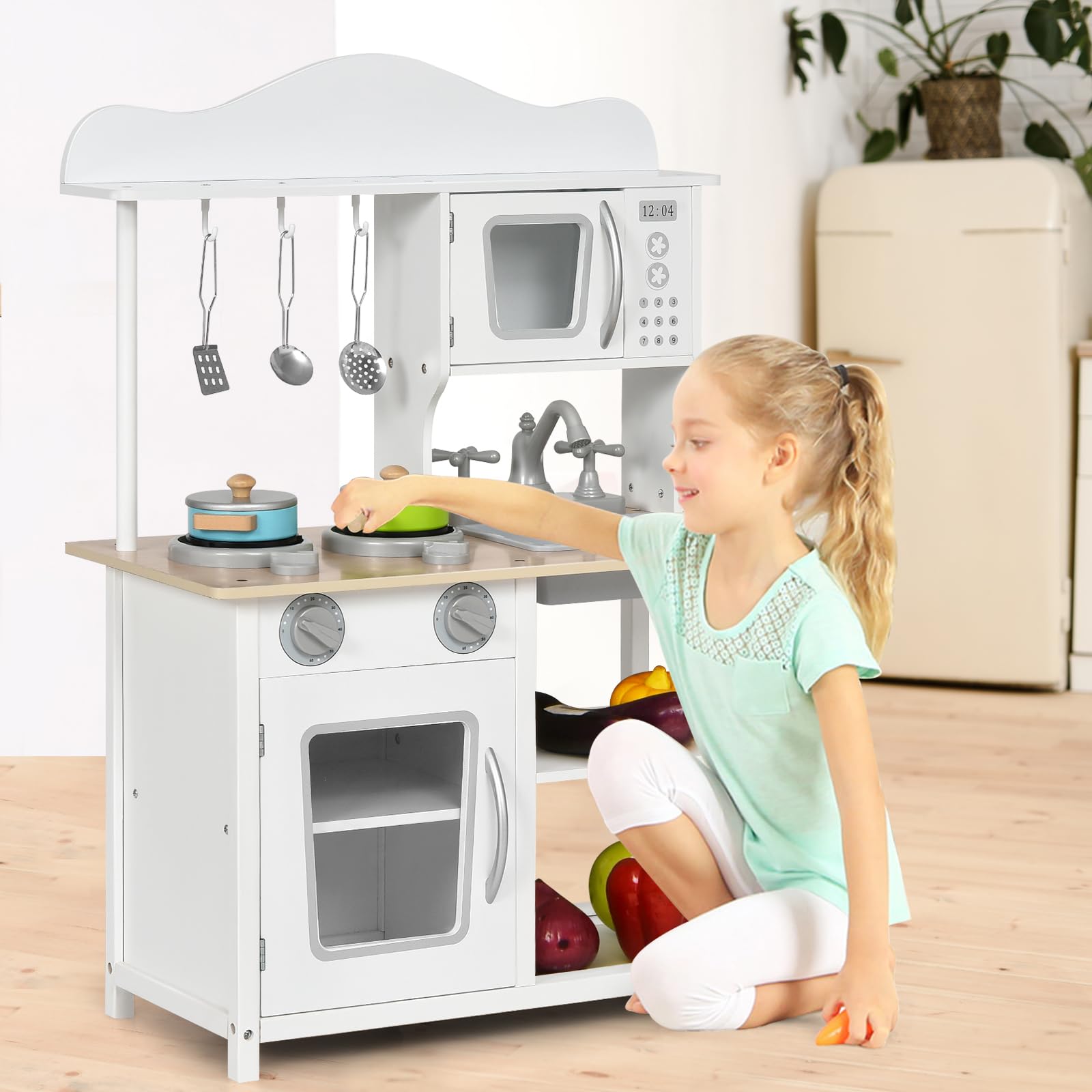 HOMASIS Kinderküche Holz, Kinder Spielküche mit Zubehör, Spielzeugküche mit Spüle Herd Backofen Mikrowelle, Holzküche Küchenspielset Miniküche für Kinder ab 3 Jahre, Weiß, 60x30x83 cm