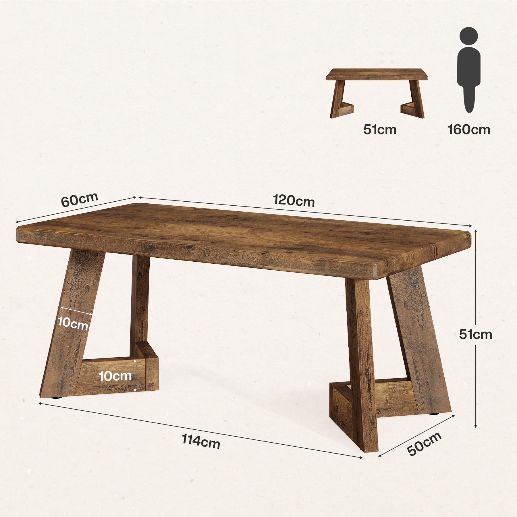 Tribesigns Tavolino da Salotto, Tavolino da Caffè in Stile Country con Gambe a V, 120 x 60 cm Tavolo da Divano Rettangolare per Soggiorno, Facile da Montare, Marrone Rustico