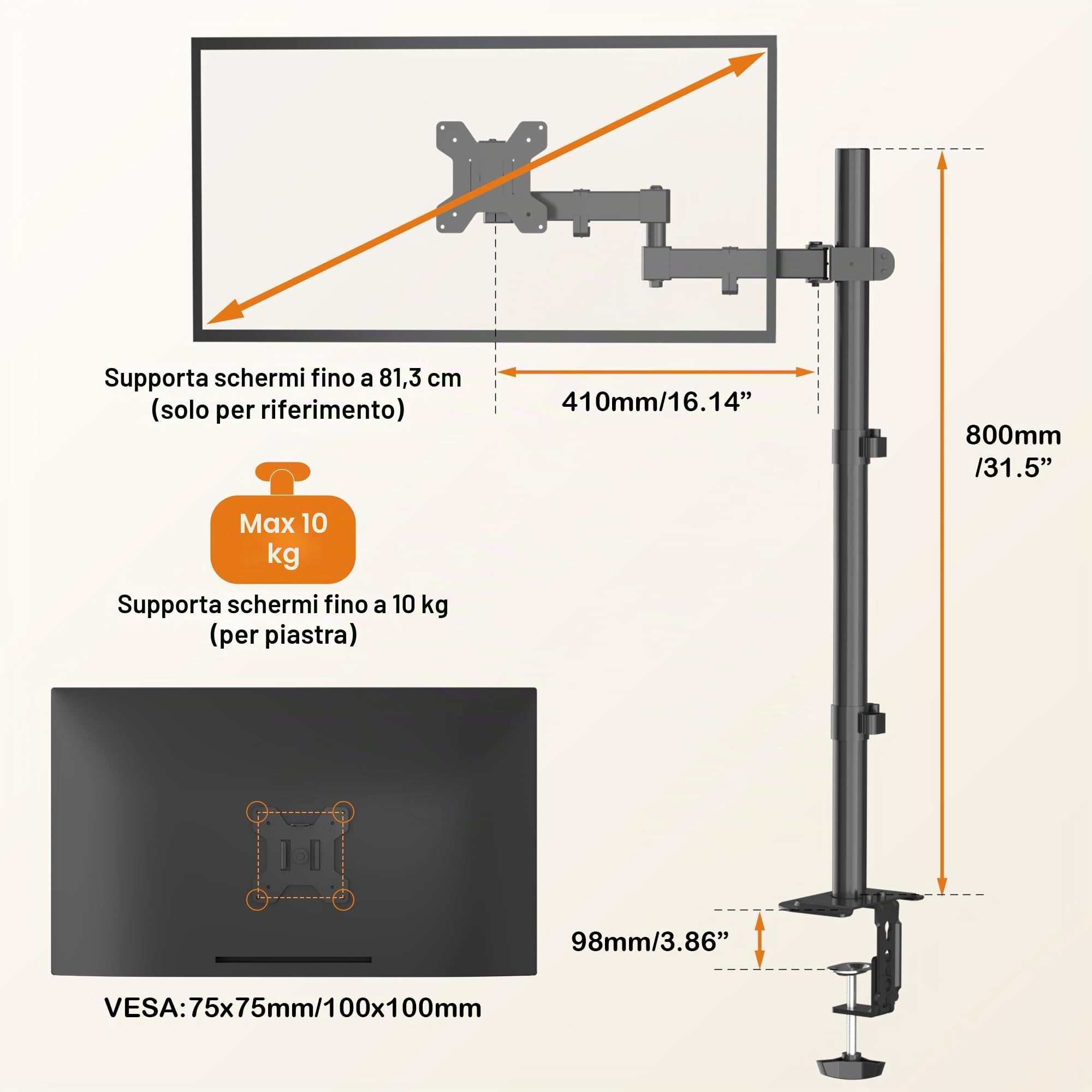 Bracwiser Supporto per braccio per monitor singolo completamente regolabile in altezza 800 mm di altezza per monitor schermo del computer 13 15 17 19 20 22 23 24 26 27 30 32 pollici VESA 75 100 MD7821