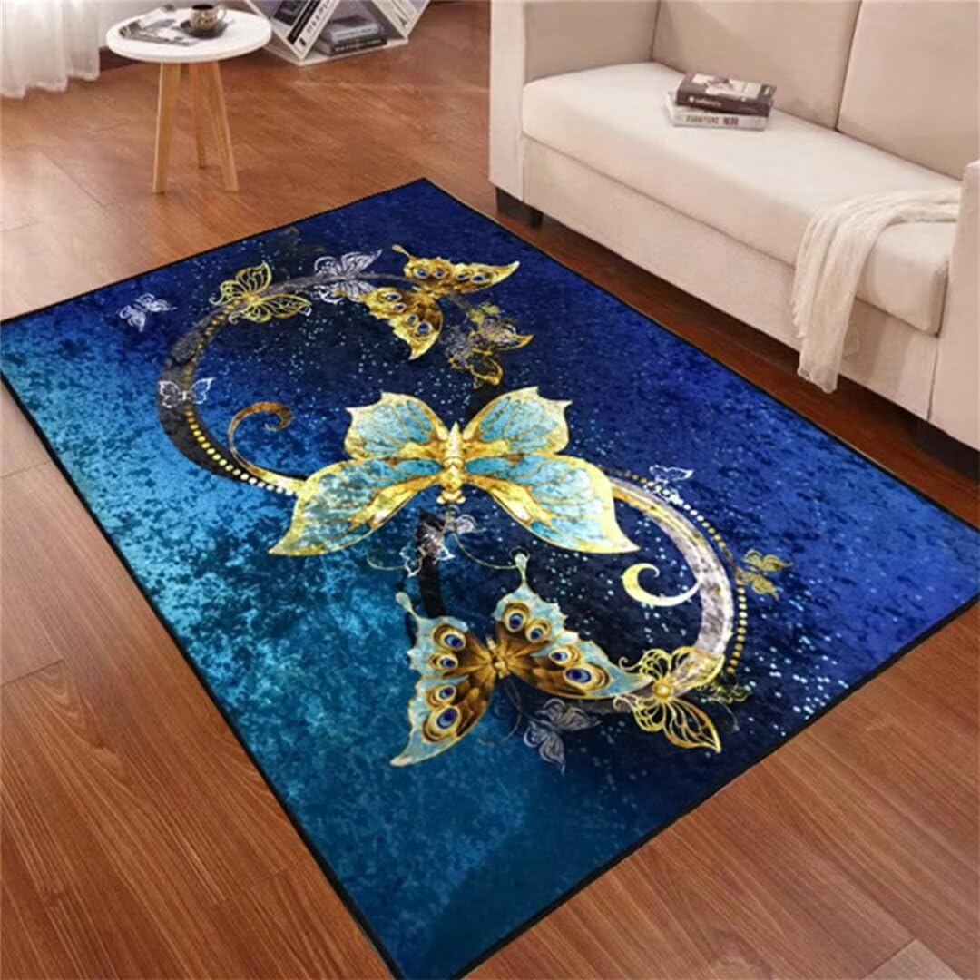 Tapis chambre fille bleu 120x180cm à motif papillon pour créer un coin lecture doux et cocooning