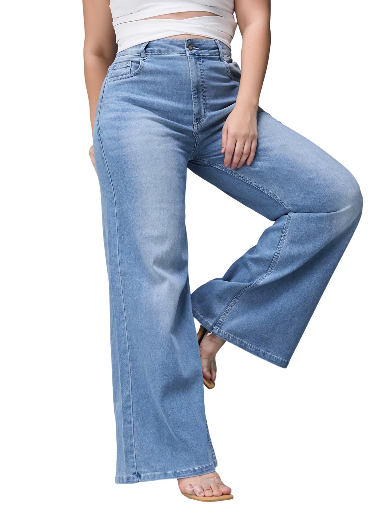 miss chase a+ Women's Wide-Leg High-Rise Regular-Length Stretchable Cargo Denim Jeans-picture-26