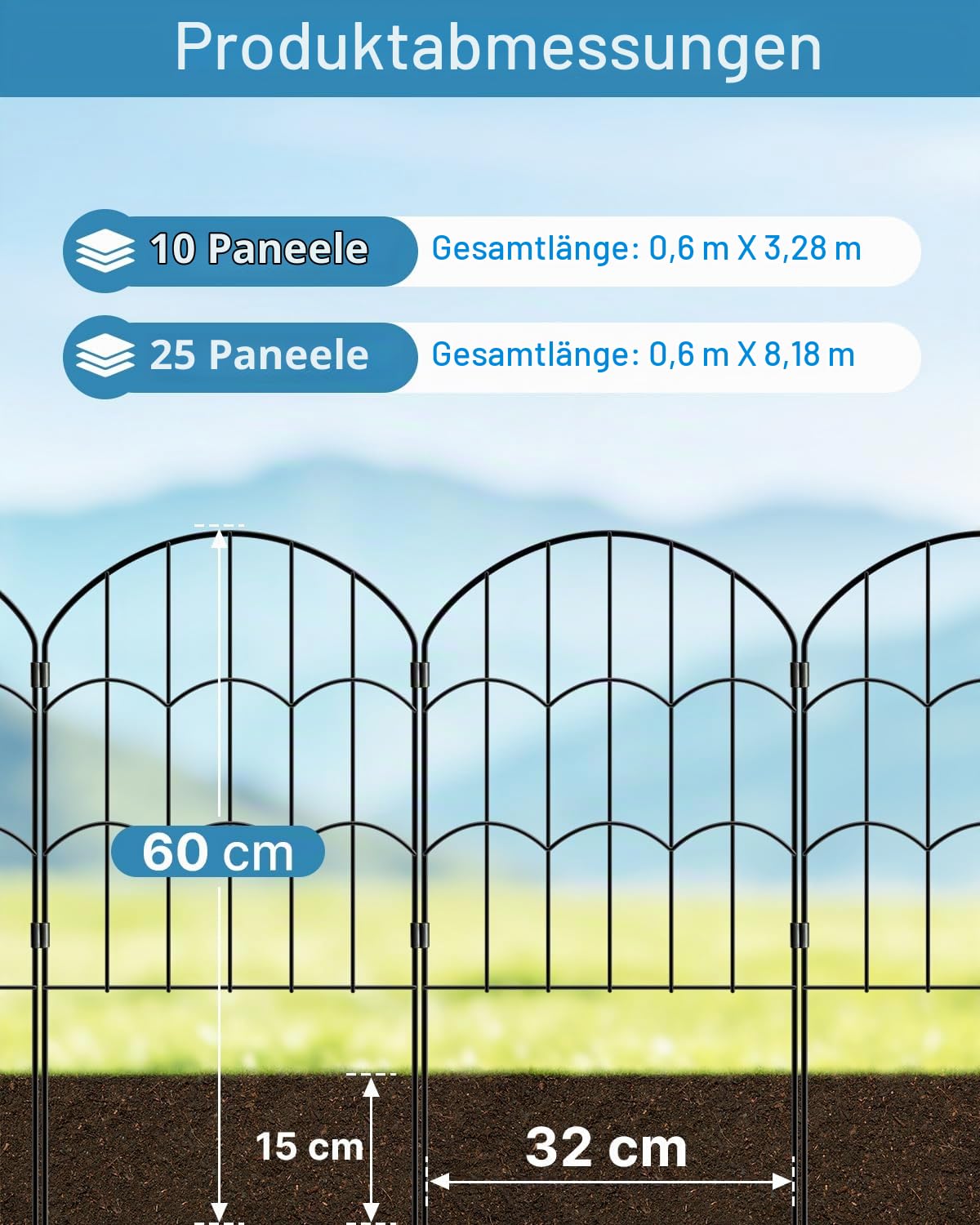 ARIFARO Metall Gartenzaun, 25 Paneele, 61 cm H x 33 cm B | Gesamtlänge 8,25 m, Rostbeständig, Dekorative Grenze für Outdoor Garten & Yard, Kleine Tierbarriere, Schwarz