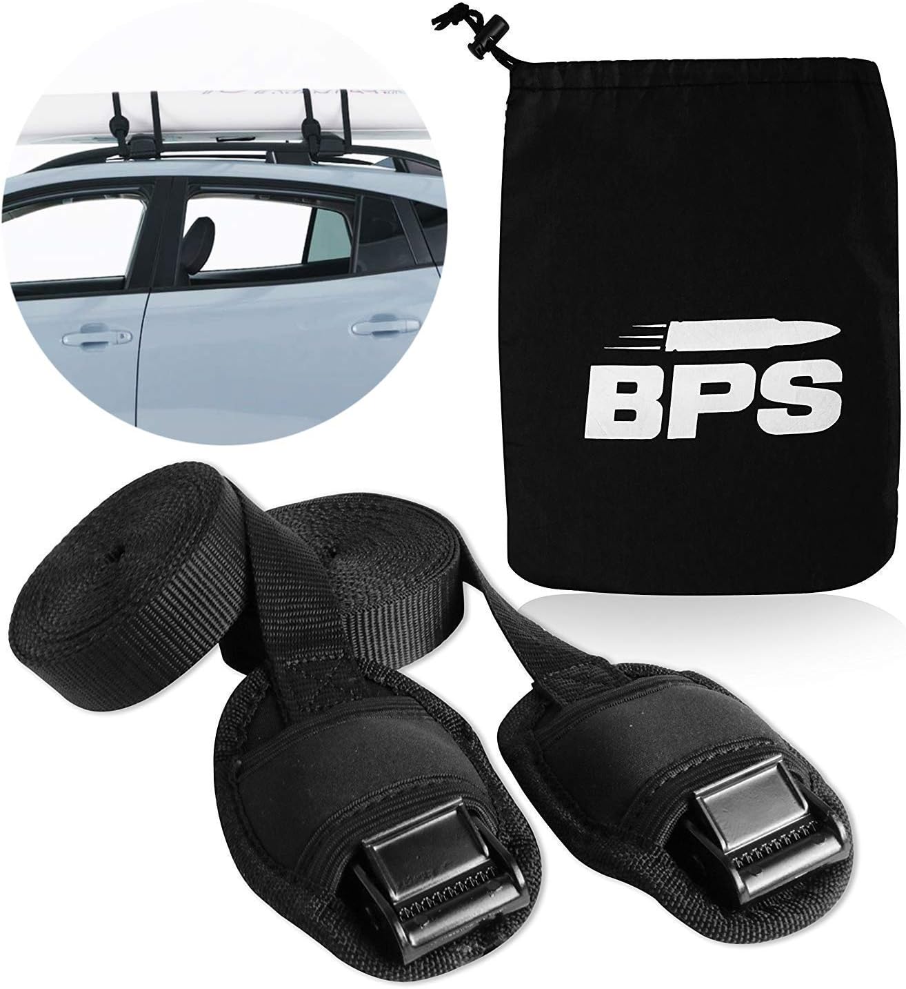 BPS 'No Scratch' 2 Pieces Premium Roof Rack CargoTie Down Straps for Surfboards, SUP Paddle Boards, Kayaks, Canoes - Available from 12 to 16 feet - Choose Bag