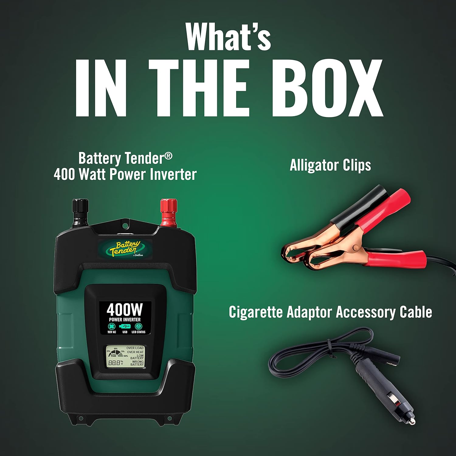 Battery Tender 400 Watt Power Inverter - 12 Volt DC to 115 Volt AC Car Inverter - Dual AC Output to Power Laptops, Blenders, TVs, Printers - 2 USB Ports, 3.1 AMP for Phone Charging - 026-0003-DL-WH