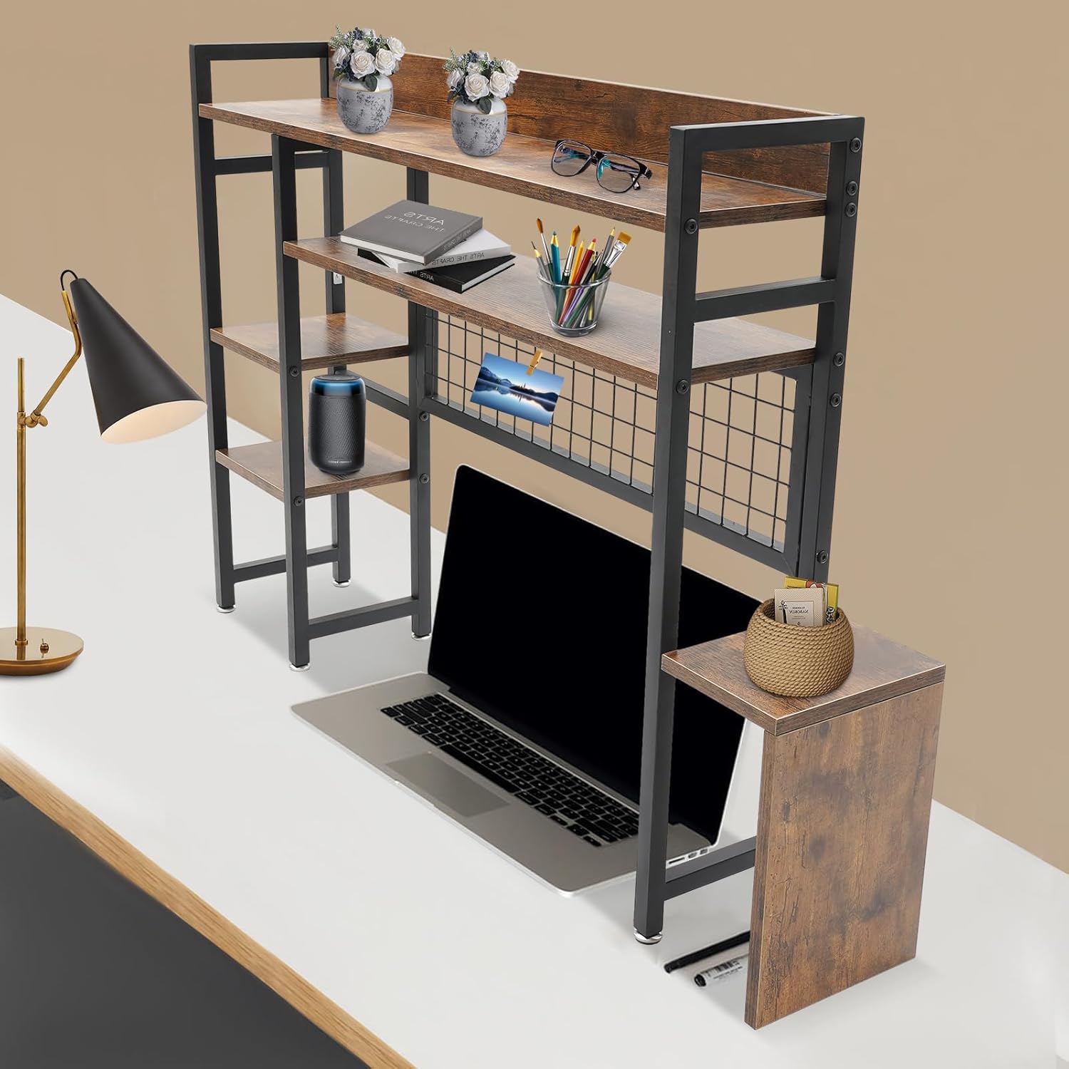 Desktop Bookshelf Computer Desktop Bookshelf 2 Tier Countertop Hutch Display Shelf Desk Hutch Storage Organizer Multipurpose Countertop Display Shelf Bookcase Organizer for Home Office