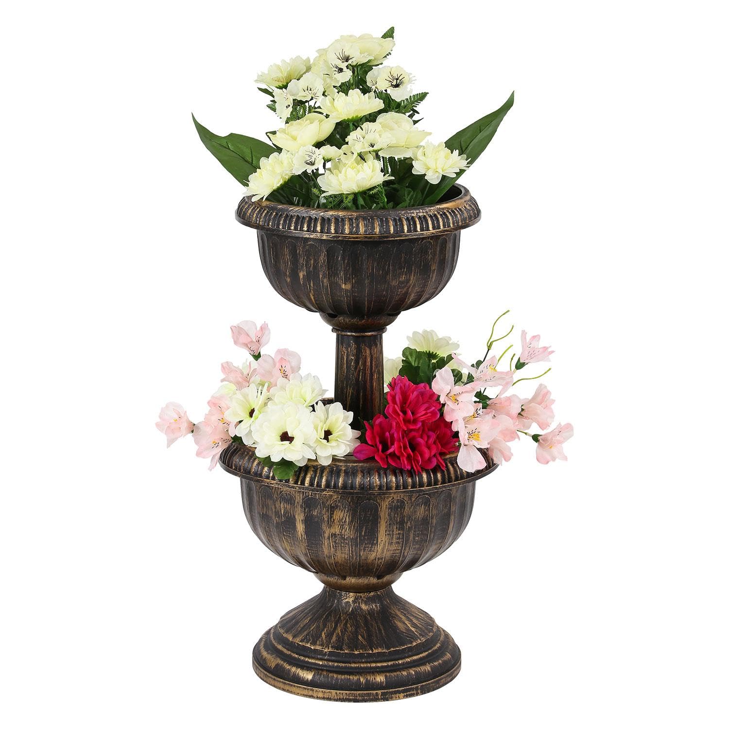 Livhome 2 Tier Antique Bronze Effect Flower Fountain Planter Stand with Stable Base for Garden, Patio, Balcony Use