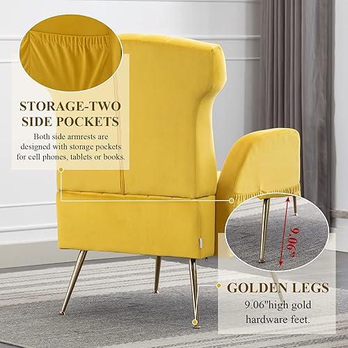 Miniatura 4 de NIOIIKIT Silla decorativa de terciopelo con respaldo de ala con patas de metal dorado, sillón tapizado, silla lateral, sofá individual de ocio,