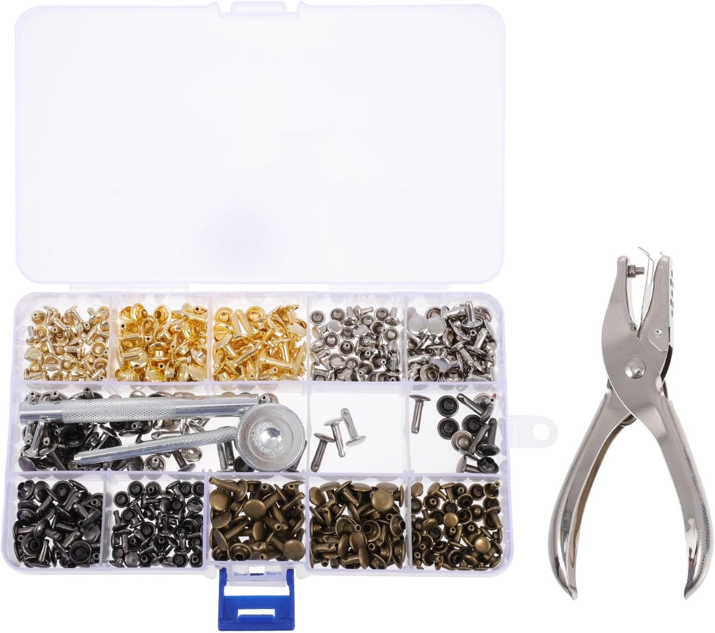 HOODANCOS 240pcs Double-Sided Rivets Set with 4 Rivet Tools and Pliers for DIY Leathercraft, Garment Decoration, Hat and Bag Accessories, 6mm 8mm, Assorted 4 Colors, Storage Box Included