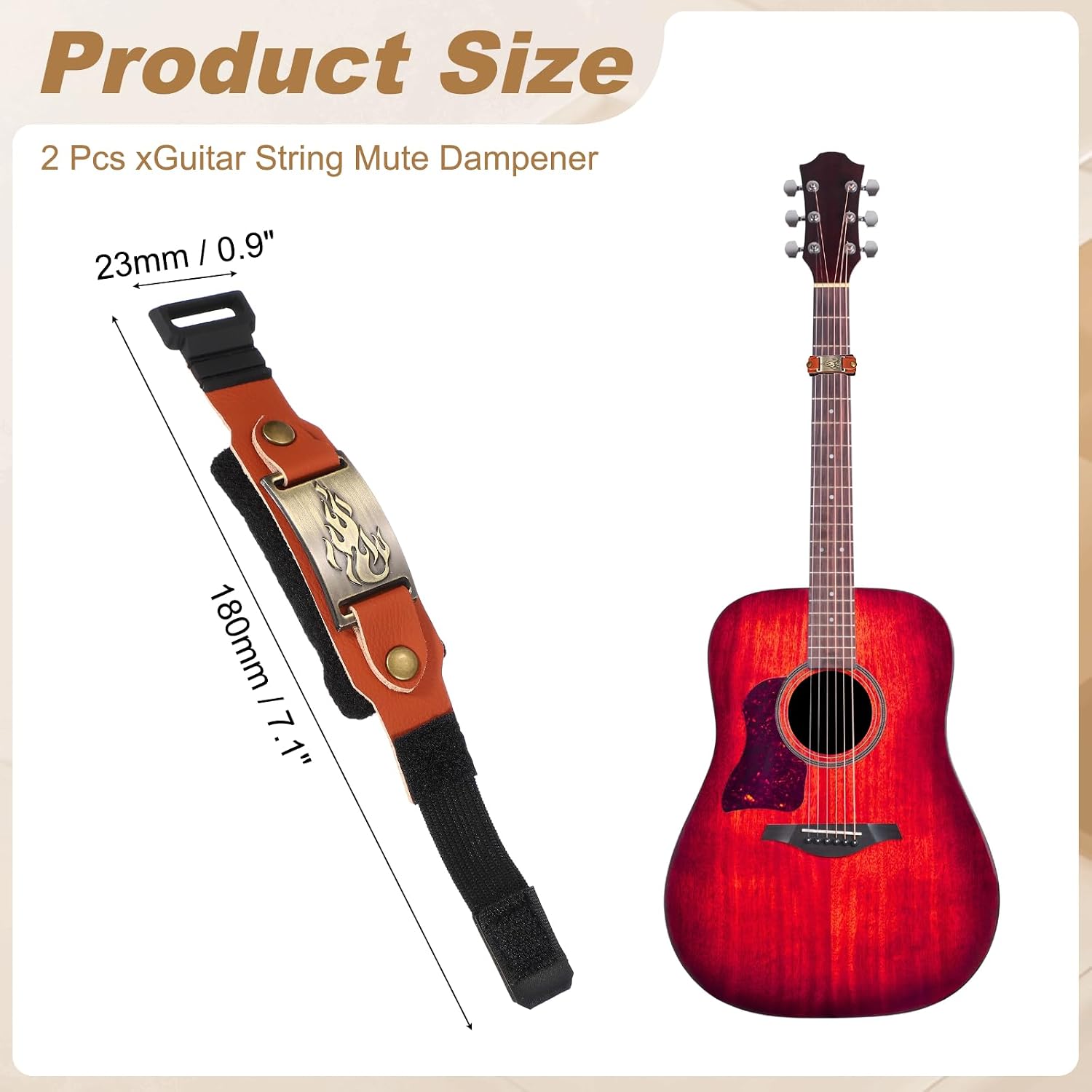 MECCANIXITY 2 Pcs Guitar Mute Wrap, 7.1 x 0.9in Adjustable String Dampener Mute Wrap for Guitar Bass Ukulele Musical Instrument Accessories Fretboard Noise Reduction, Brown Leather-Fire image 2