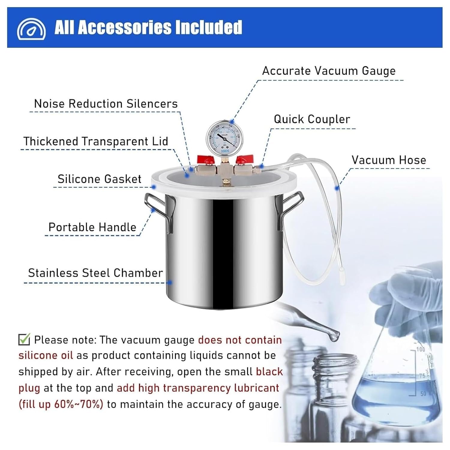 Resin Casting Vacuum Chambers, Stainless Steel Lab Vacuum Degassing Chamber Kits for Resin Casting，Epoxy Plaster ，Wood Stabilizing(13Gal/51L(DxH 15.7x15.7in/40x40cm))