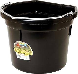 Little GiantÂ® Flat Back Plastic Animal Feed Bucket | Animal Feed Bucket with Metal Handle | Horse Feed & Water Bucket | 22 Quarts | Black