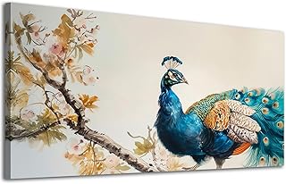 ADJUVANT Watercolor Peacock Wall Art 60" L x 30" W, Colorful Bird with Floral Branch Canvas Artwork Prints Painting Pictures Wall Decor for Livingroom Bedroom Home Office Modern Farmhouse