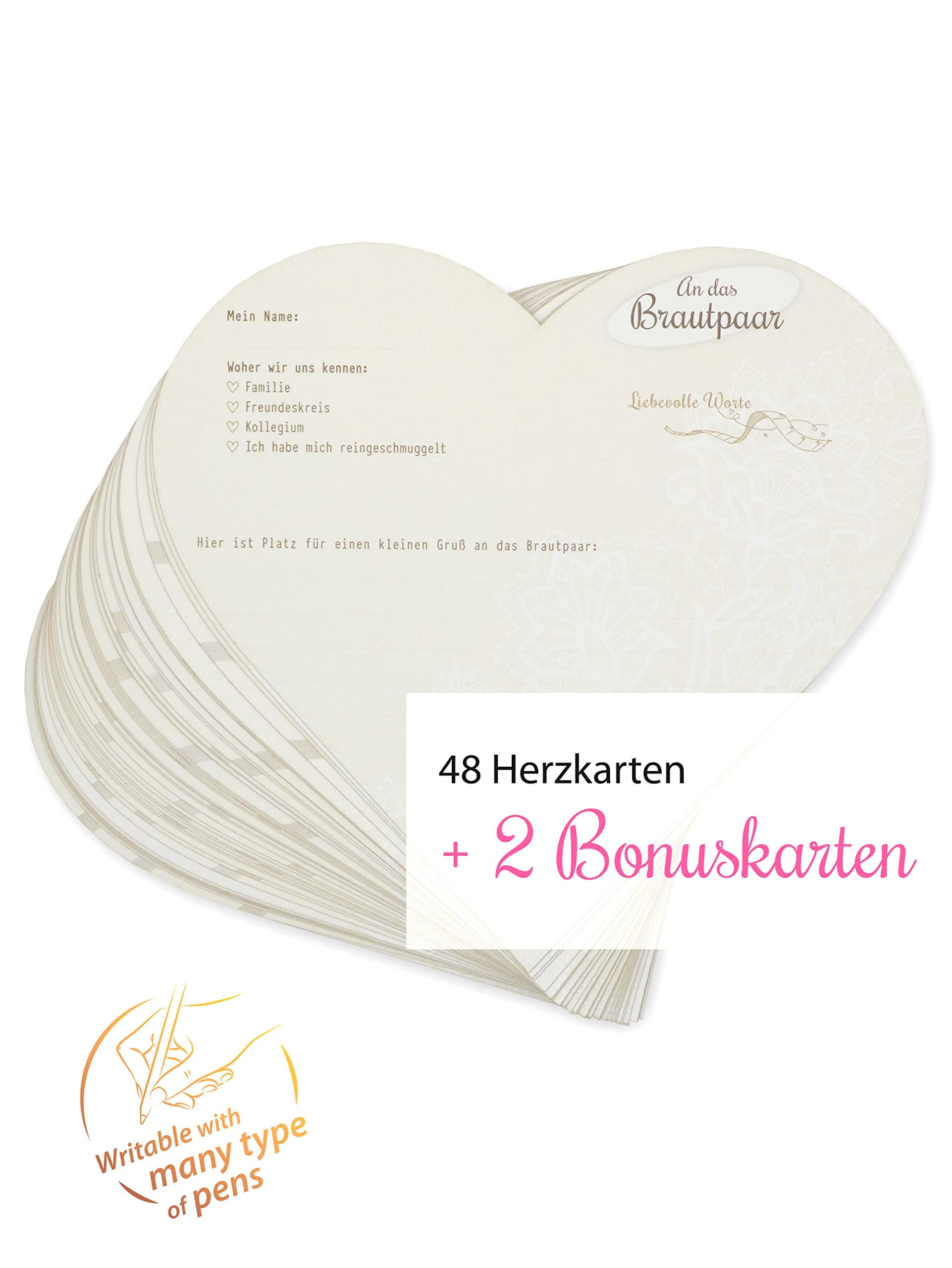 Ja ich will ! 48 + 2 Stück Gästebuchkarten Hochzeit –Heart Design– Gästebuch Karten zur Hochzeit mit lustigen Fragen zum Ausfüllen, Herz Karten Aufsteller Hochzeitsgästebuch Hochzeitsbuch Wunschkarten