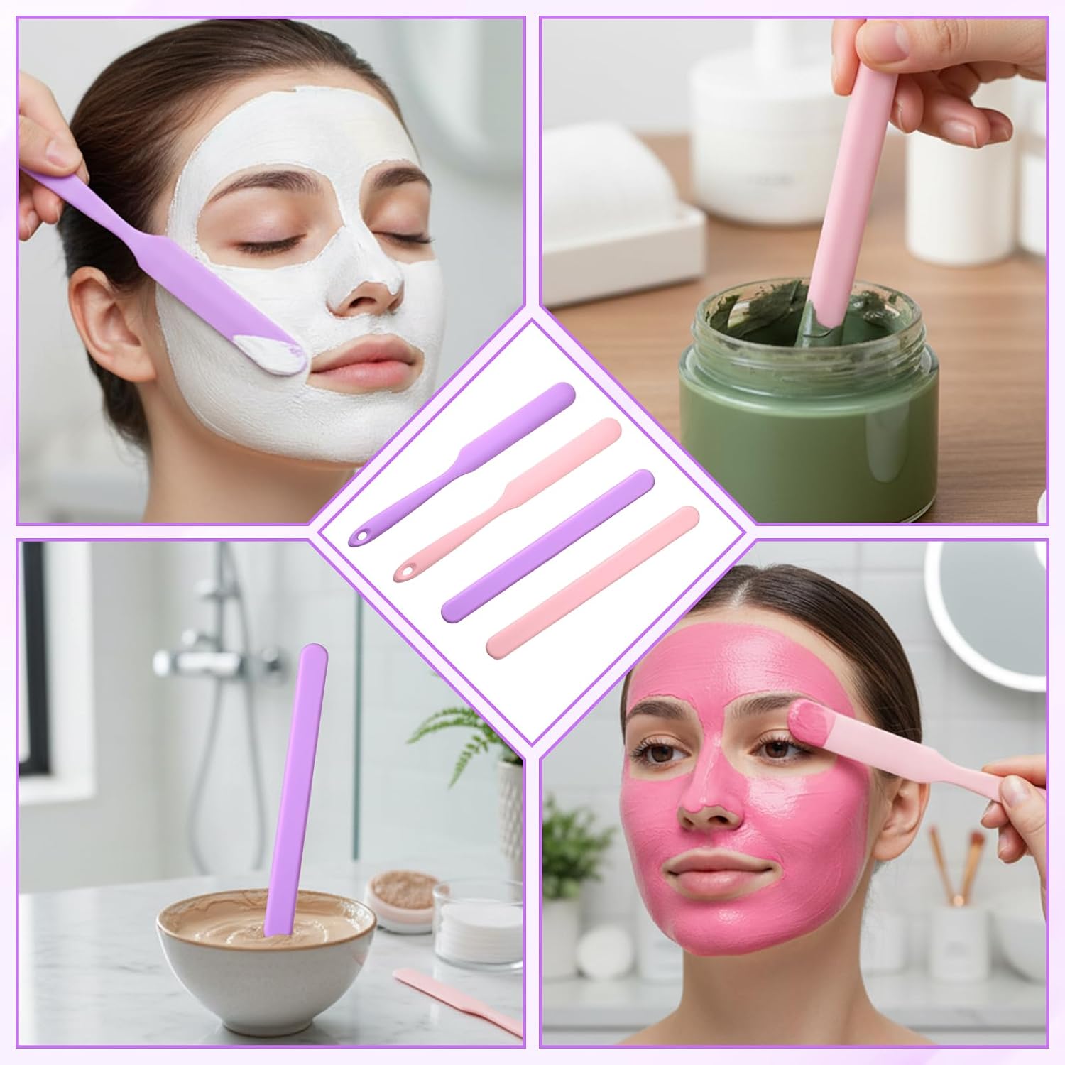 4 PCS Reusable Silicone Wax Stick and Waxing Spatula Set, Non-Stick | Wax Sticks, Hair Removal Waxing Sticks for Beauty Cosmetics Home Salon Body Use (Pink, Purple)