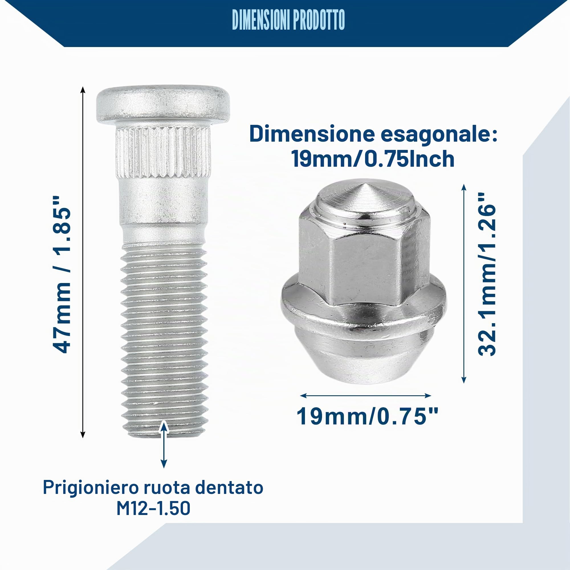 A ABSOPRO Bullone Per Perno Ruota M12-1.5 Per Ford Escape 1 Pz | Per Ford Escape 13-21, OE CV6Z1012C/ACPZ1012H, Materiale Metallo, Lunghezza 47mm, Esagonale 19mm
