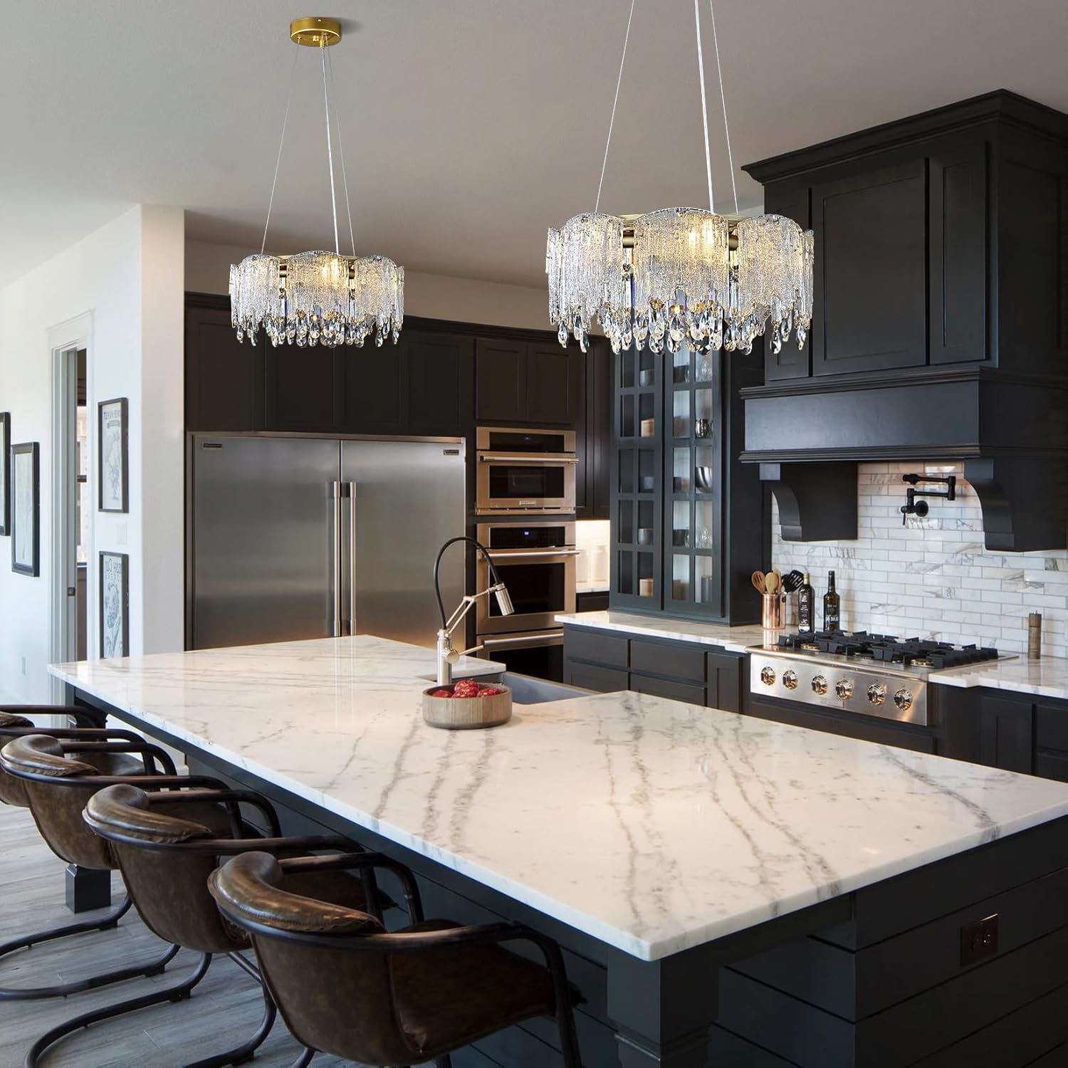 20 inch Gold Chandelier, 6-Light Round Crystal Chandelier, Modern Pendant Light Fixture with Textured Glass for Bedroom Dining Room Kitchen Bathroom Entranway