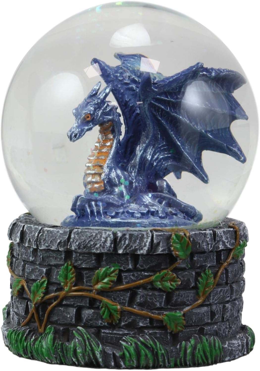 Ebros Small Fantasy Blue Midnight Dragon Sitting in Repose Glitter Water Globe Figurine with Stonewall Castle Tower Base 3.5" Tall