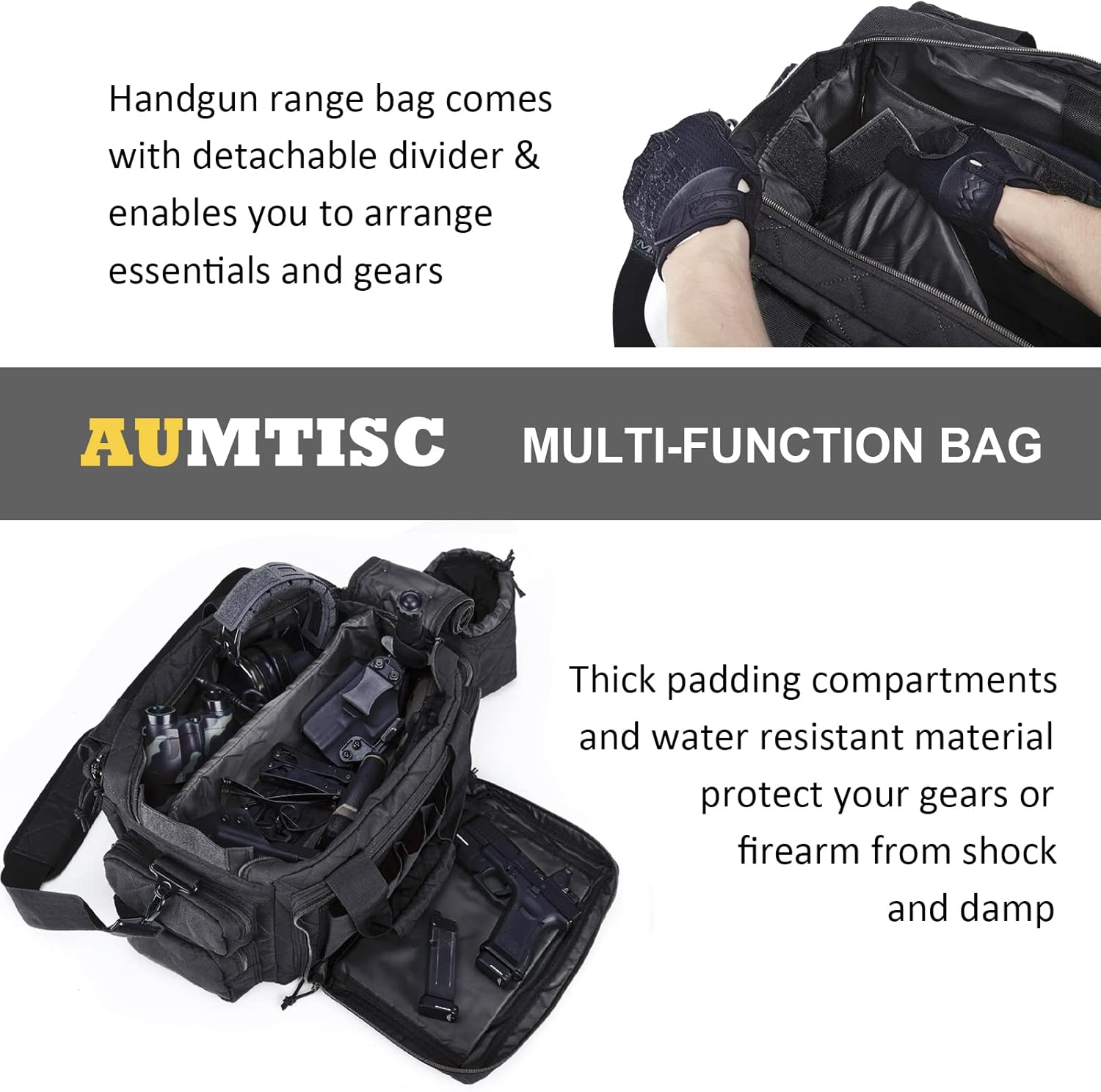 AUMTISC Tactical Gun Range Bag Pistol Case for Handguns and Ammo, Tactical Shooting Duffle Bag for Range Accessories