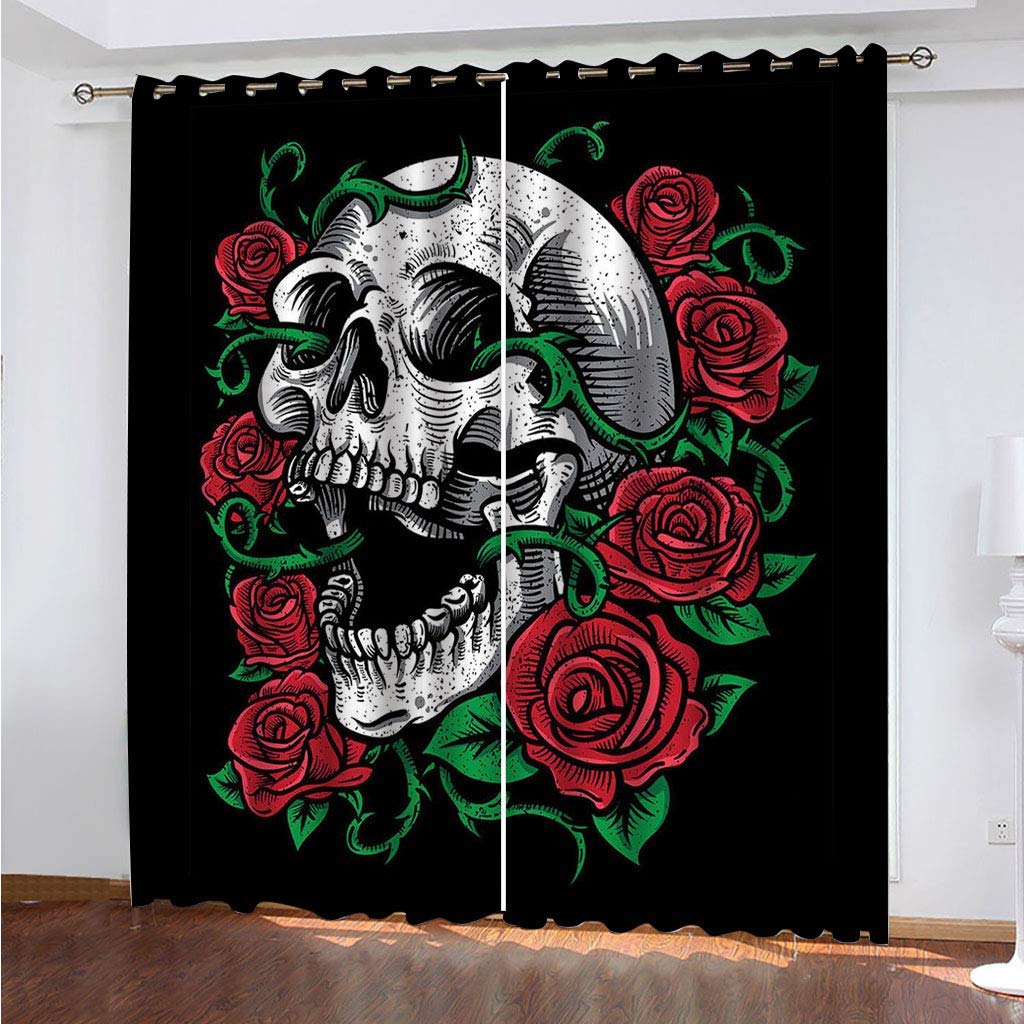 Rideaux occultants opaques à oeillets noir et crâne 132x225 cm lot de 2