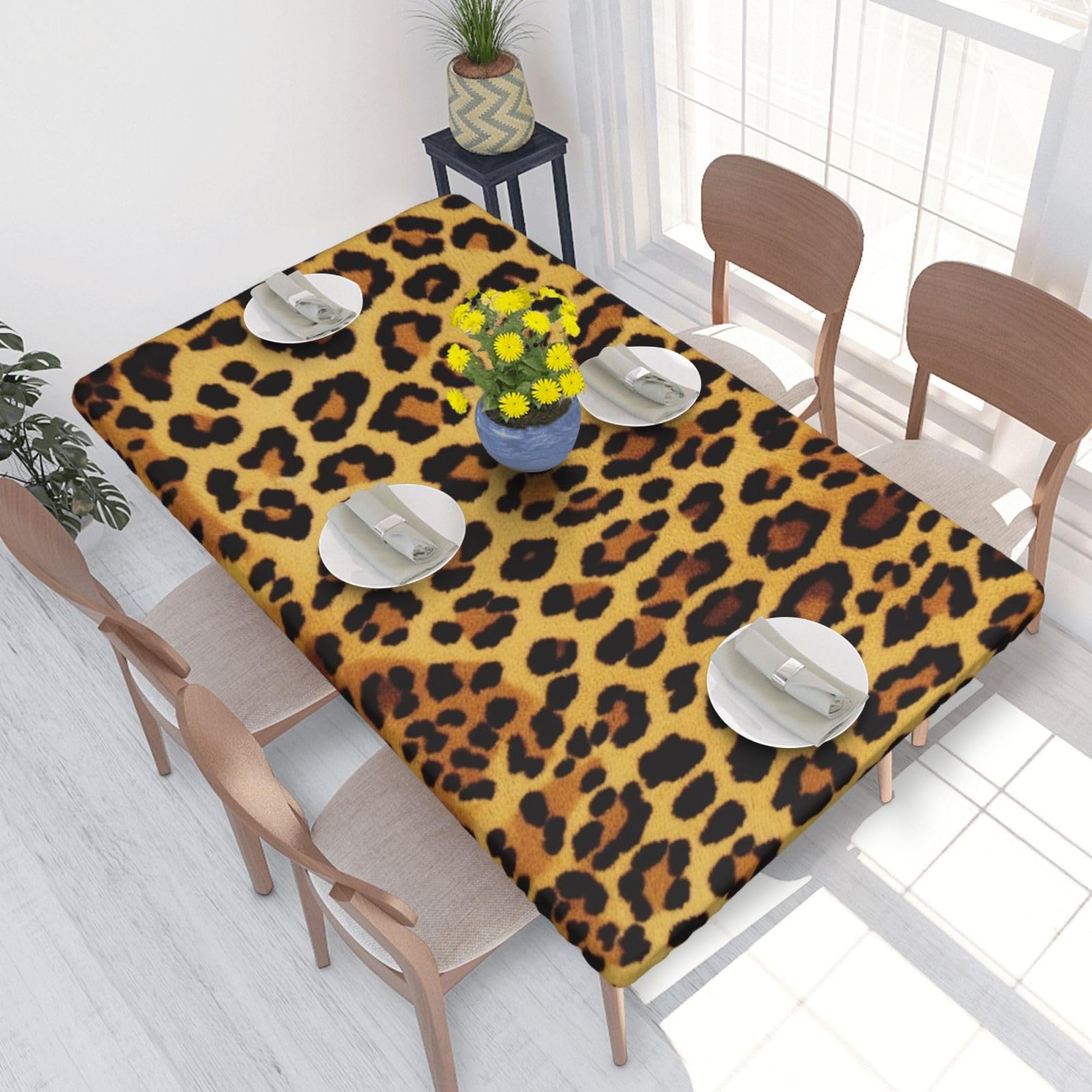DCARSETCV Leopard Pattern Printed 4FT Waterproof Tablecloth with Elastic Edged Protect & Decor Your Table, Oil-proof Washable Table Cloth Cover for Dinner Picnic Party