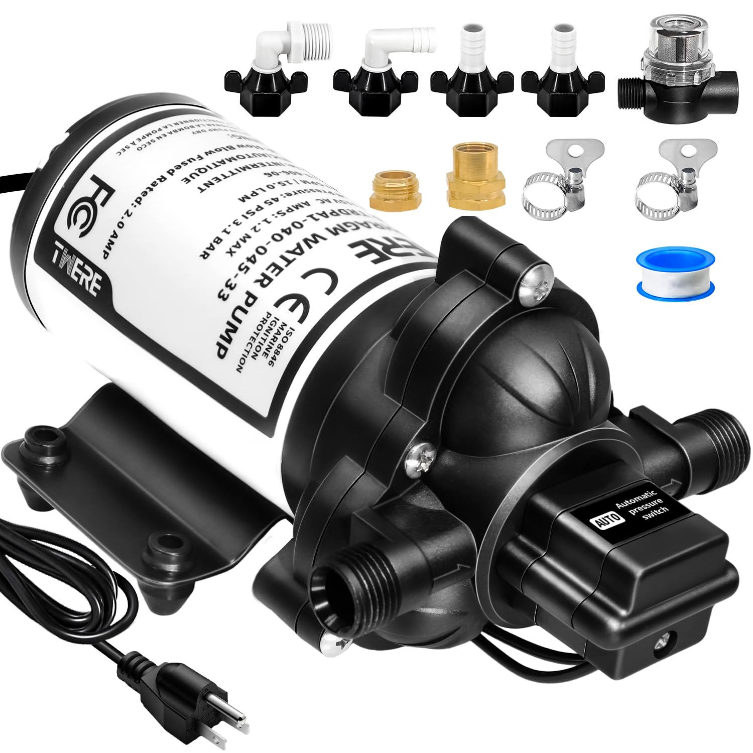 115V AC Industrial Pressure Water Pump 4.0GPM 45PSI Demand Diaphragm Pump,Fresh Water Pump fit for Agricultural Spraying,Yacht,Garden,RV,Shower,Sprayer Include Garden Hose Adapters