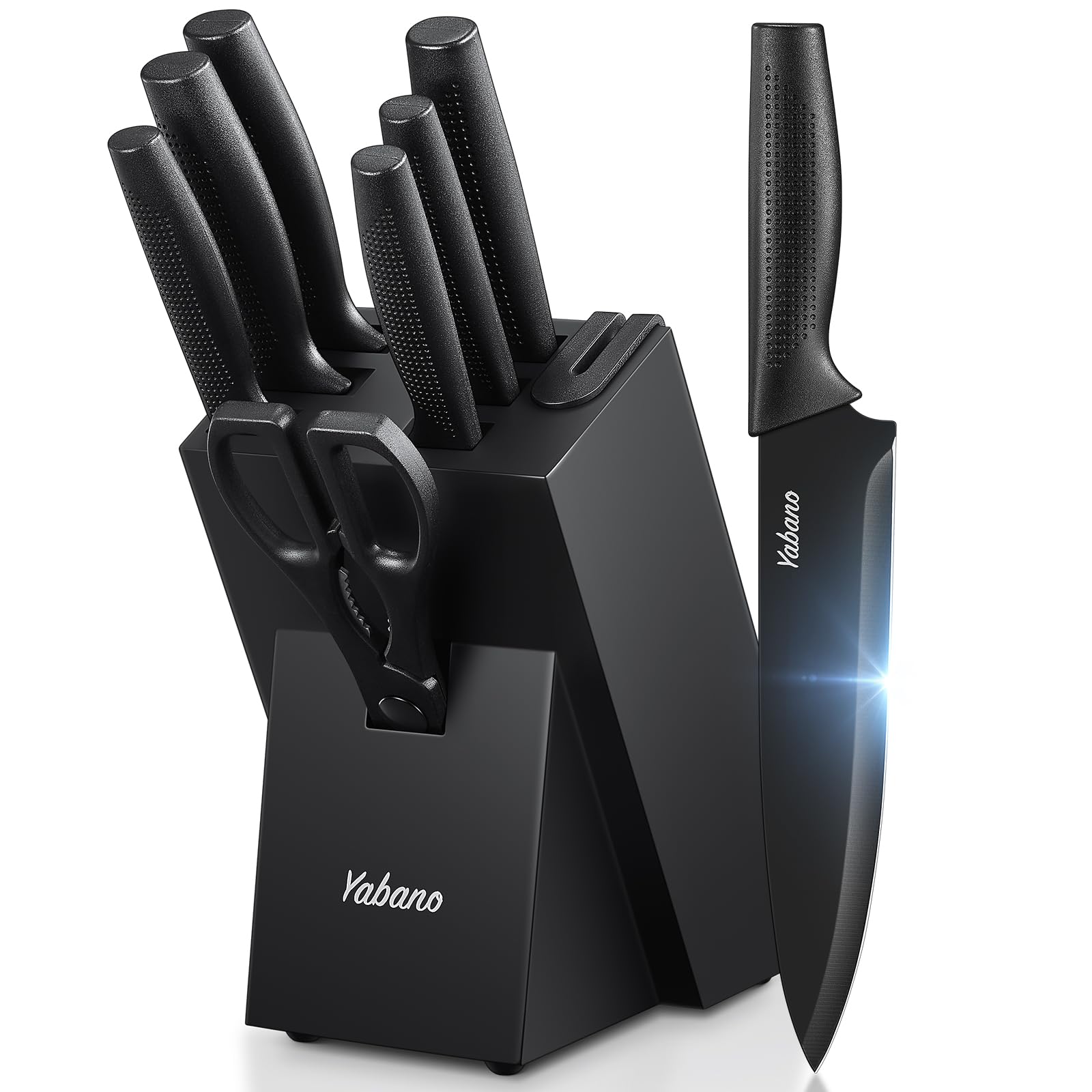 Yabano Knife Set with Block, 8 Piece Stainless Steel Kitchen Knife Set with Built-in Sharpener, Sharp Black Knives with Ergonomic Handle, Rust Resistant & Dishwasher Safe