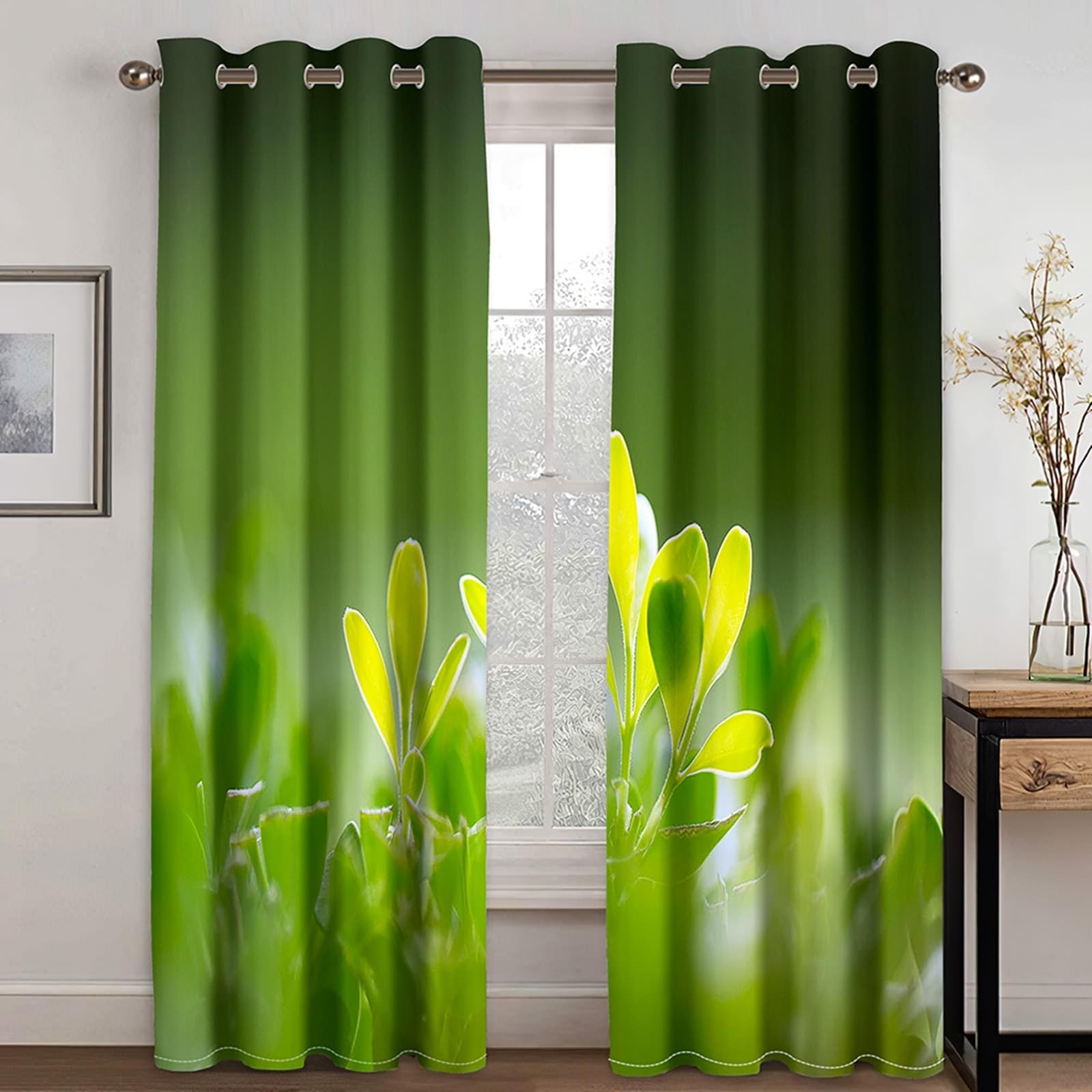 Rideau Isolant Thermique Fenetre, Motif de Plantes Vertes printanières Rideaux à œillets d’assombrissement de pièce pour fenêtre de Chambre à Coucher de Salon, Vert, 107x214cm
