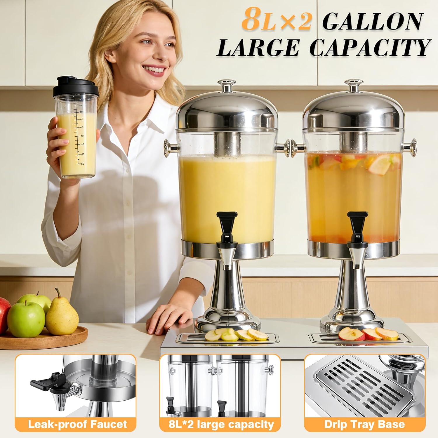4-Gallon Drink Dispenser with Stainless Steel Drip Tray - Party Beverage Juice Lemonade Iced Tea Water Dispenser for Church Events, Catering, Family Gatherings & Outdoor (SILVER)
