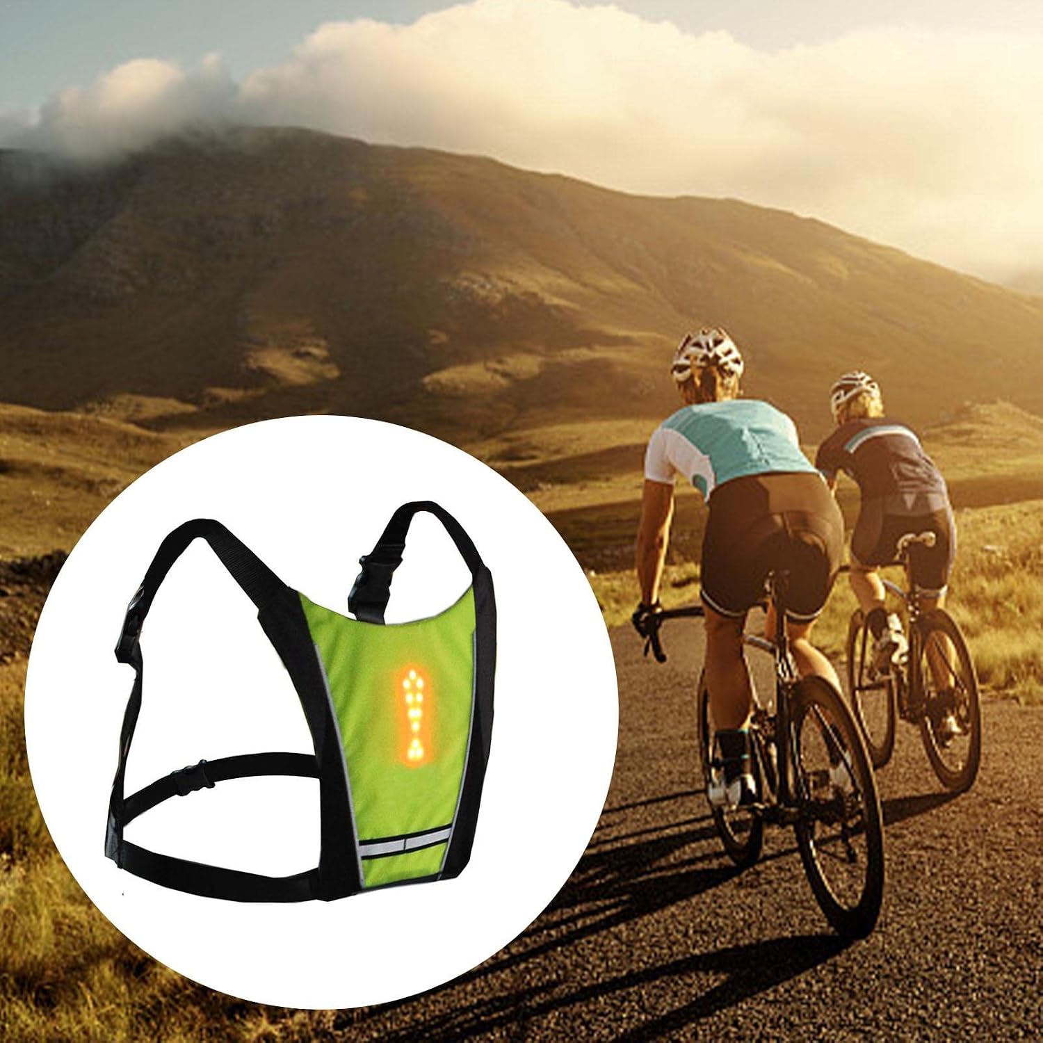Cyclists wearing the reflective LED vest on a scenic road