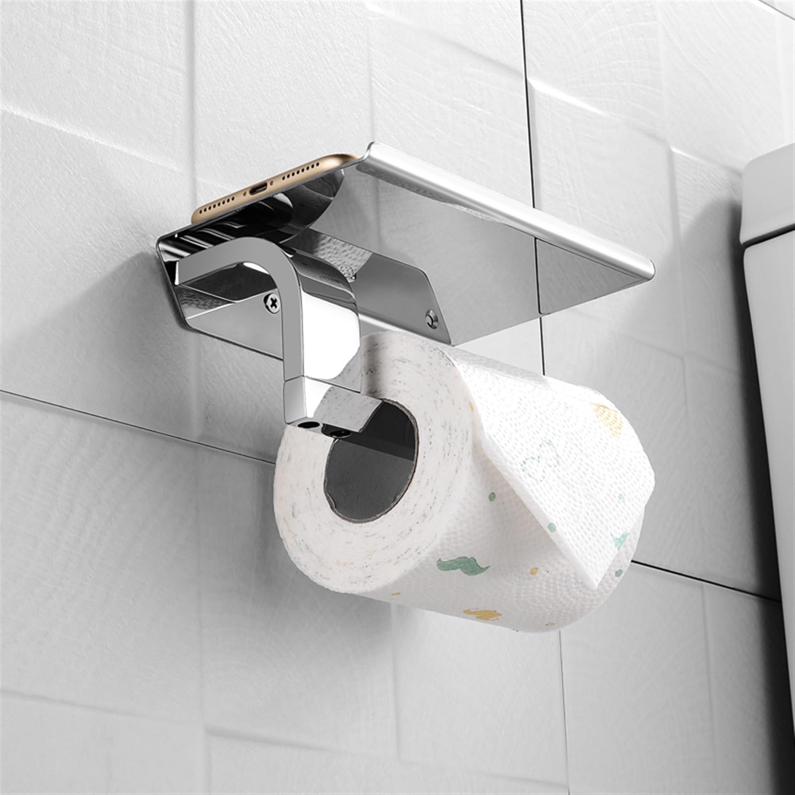 Stały uchwyt na papier toaletowy, Toilet Paper Holders Bathroom Wall Mount With Mobile Phone Shelf Silver Stainless Steel(2 Pcs)