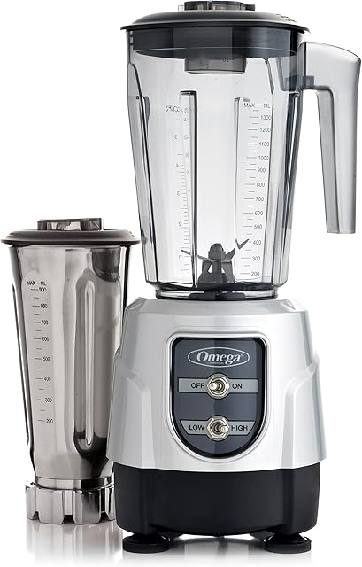 Omega BL390S Blender 1-HP Motor with Tritan Copolyester and Stainless Steel Container Combo Pack, 48-Ounce, Silver