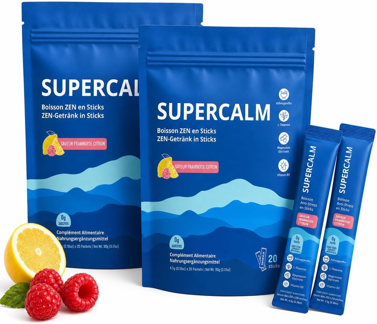 Cortisol Cocktail Anti Stress Drink MISSECO SUPERCALM 2er Pack – 40 Sticks mit Ashwagandha, Magnesium Glycinat, L-Theanin & Vitamin D3 | Cortisol senken, ZEN | 0g Zucker, GMP, Himbeere Zitrone Vorrat